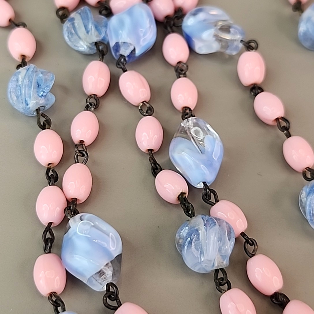 Vintage Art Deco Beaded Necklace Blue Givre Pink Milk Glass 59″ Long Flapper