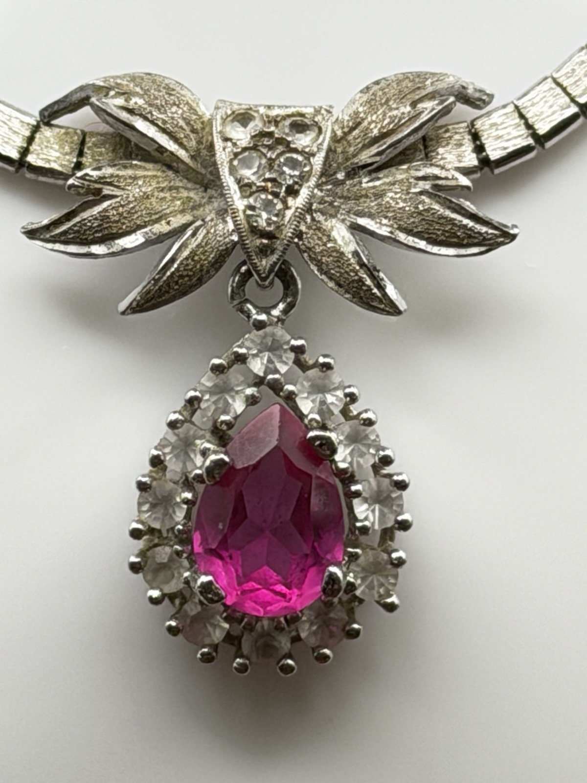 Vintage 835 Silver Art Deco Pink Stone Pendant Necklace 18″ Long
