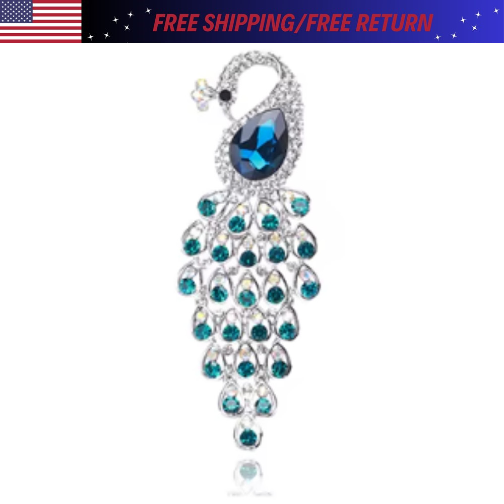 Vintage Style Peacock Bird Blue Rhinestone Crystal Cyan Bird Brooch Pin Pendant