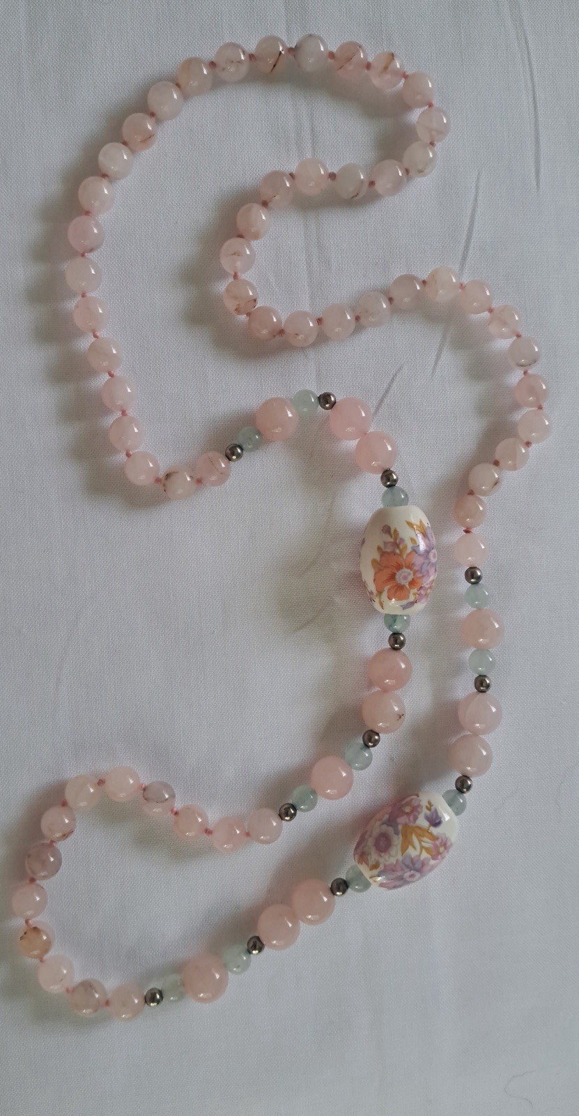 Vintage Rose Quartz and Cloisonné bead Necklace.Painted Beads. Silver Spacers.