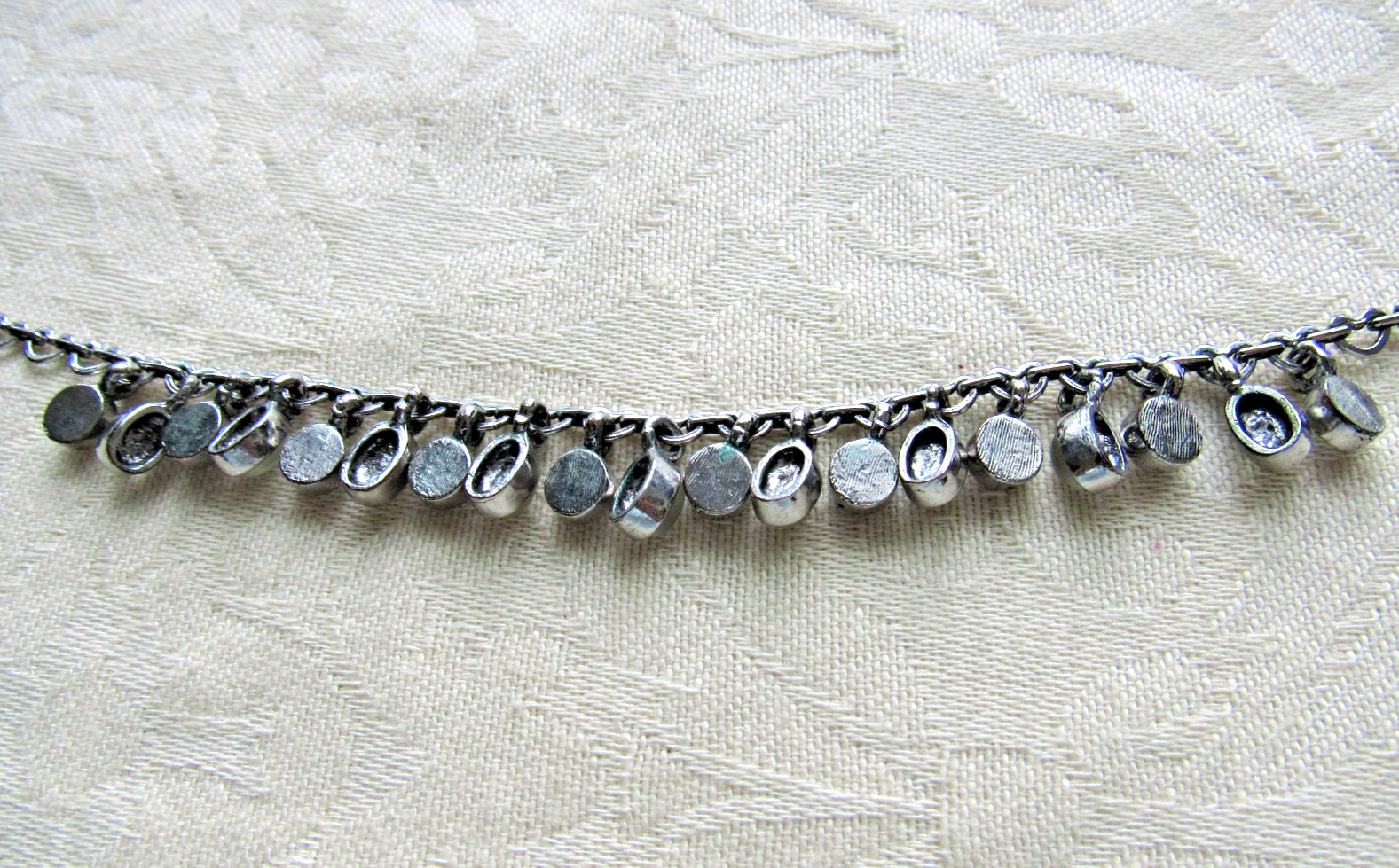 Vintage Necklace Unusual Heart Link Chain AB Rhinestones Glass Moonstone Dangles