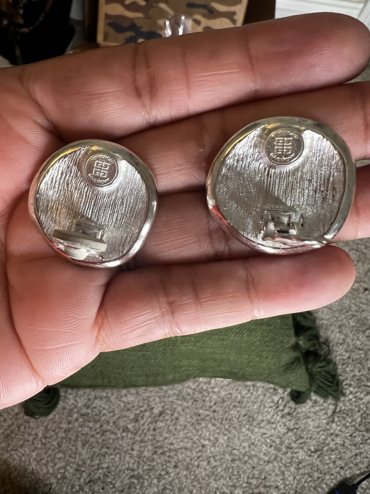 Vintage 80s Givenchy Clip On Earrings 4G Logo OLD MONEY Signed Satin Silver Tone