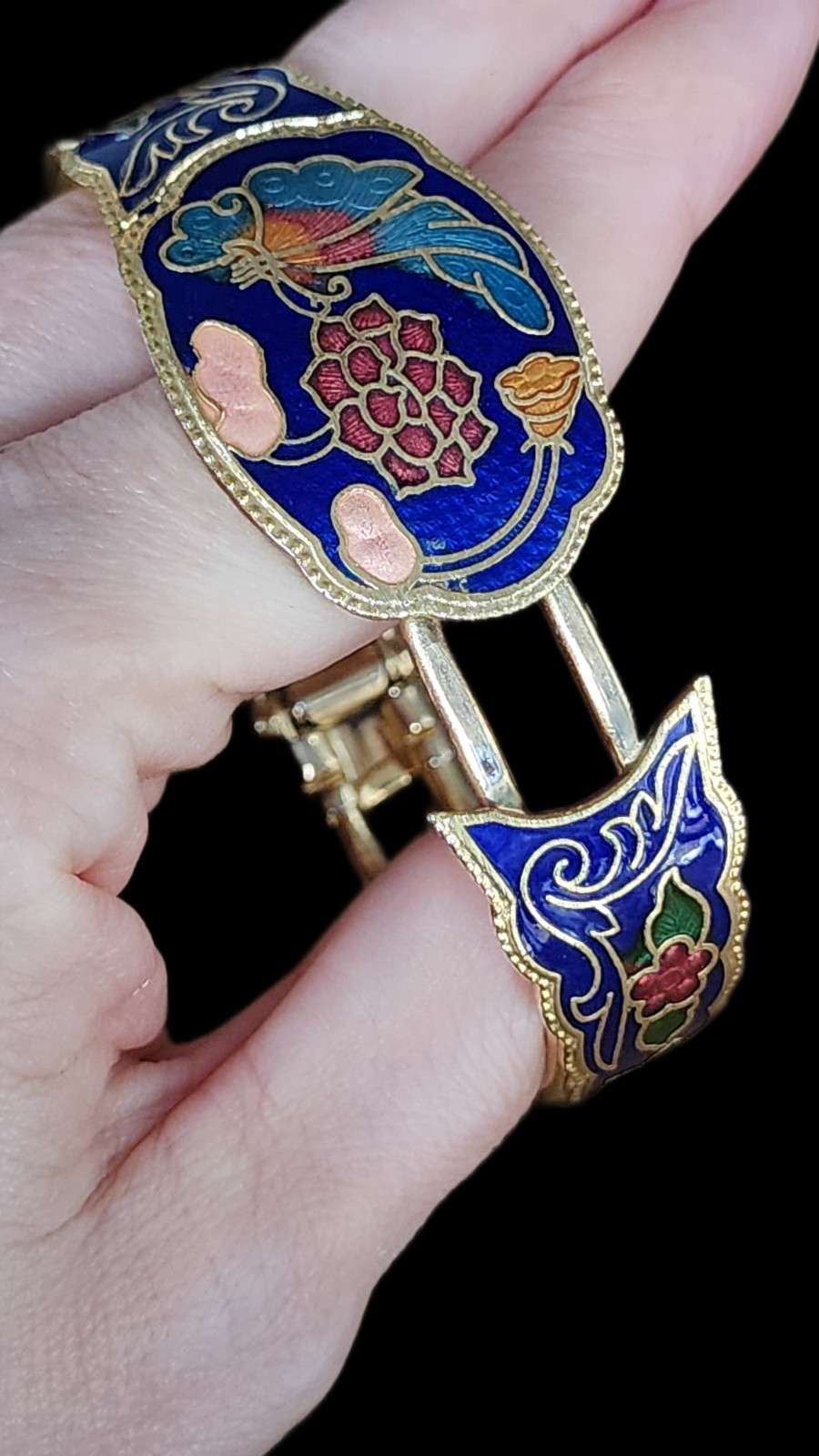 Vintage Cloisonne Cobalt Blue Floral Butterfly Enamel Bracelet Gold Tone