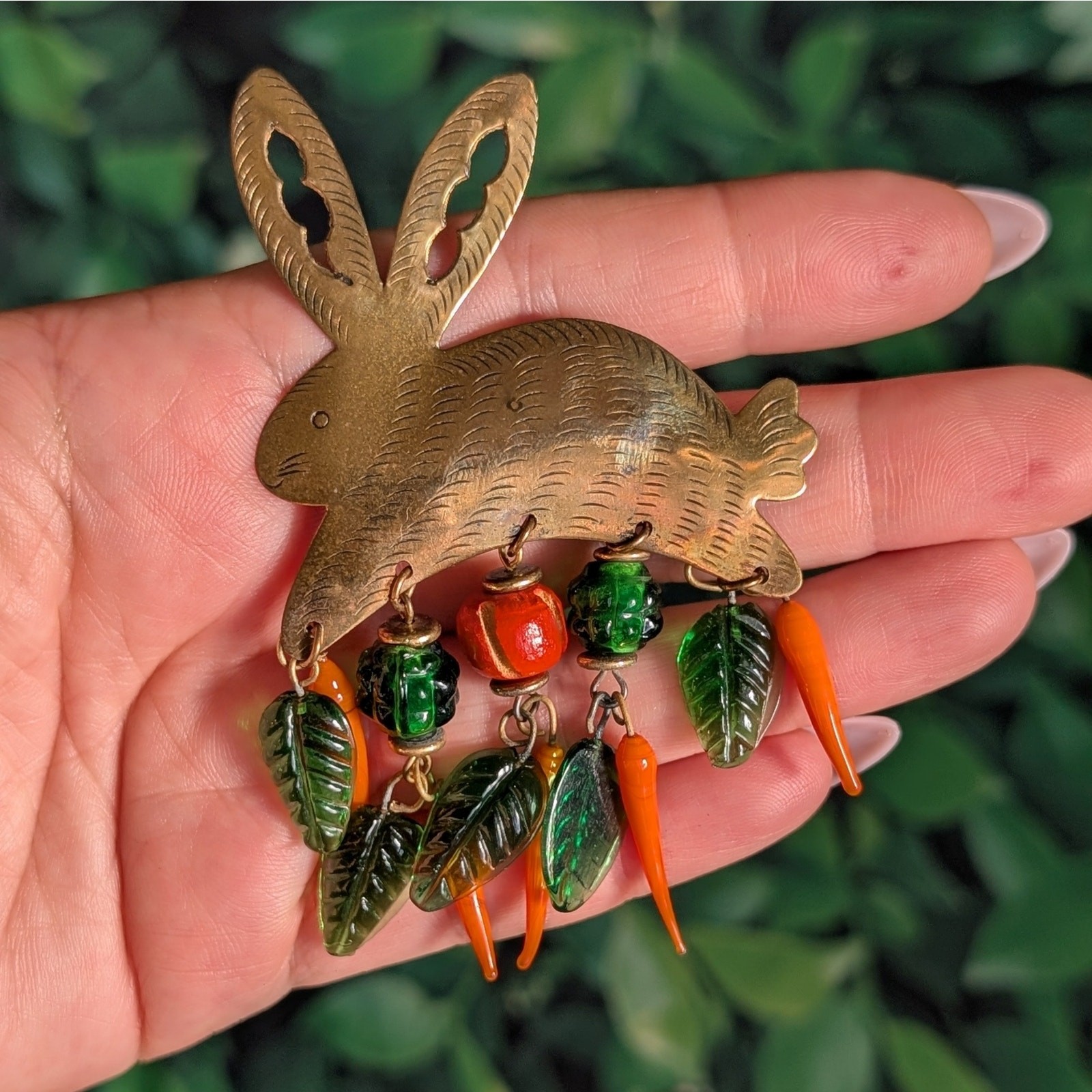 Vintage Artisan Brass Glass Rabbit Brooch Carrots Leaves Etched Bunny Art Pin