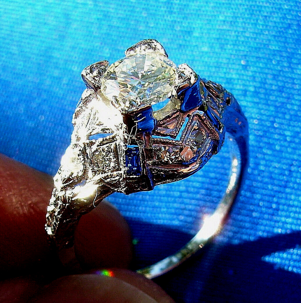Original EARTH MINED DIAMOND Deco Engagement Ring 1 ct Vintage PLATINUM Sapphire
