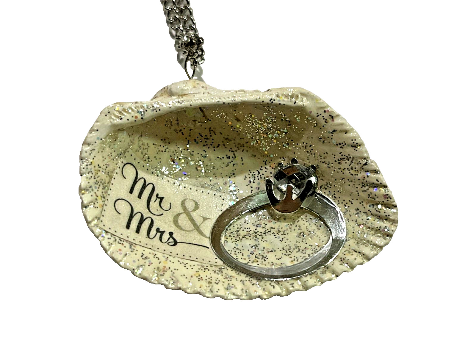 Handmade Art Wedding Seashell Necklace Mr and Mrs approx 20″ chain gift beach