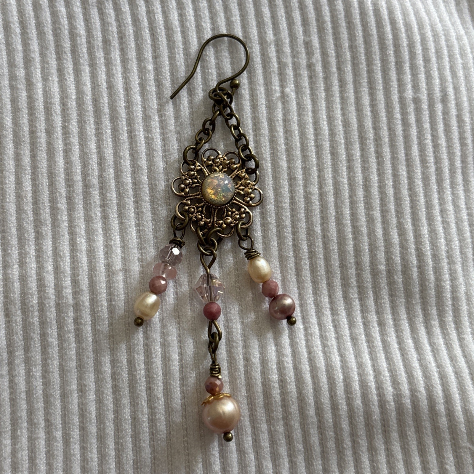 Vintage Boho Earrings Brass-Tone w/Opal-Glass on Alloy Filigree, Pearl+ danglers