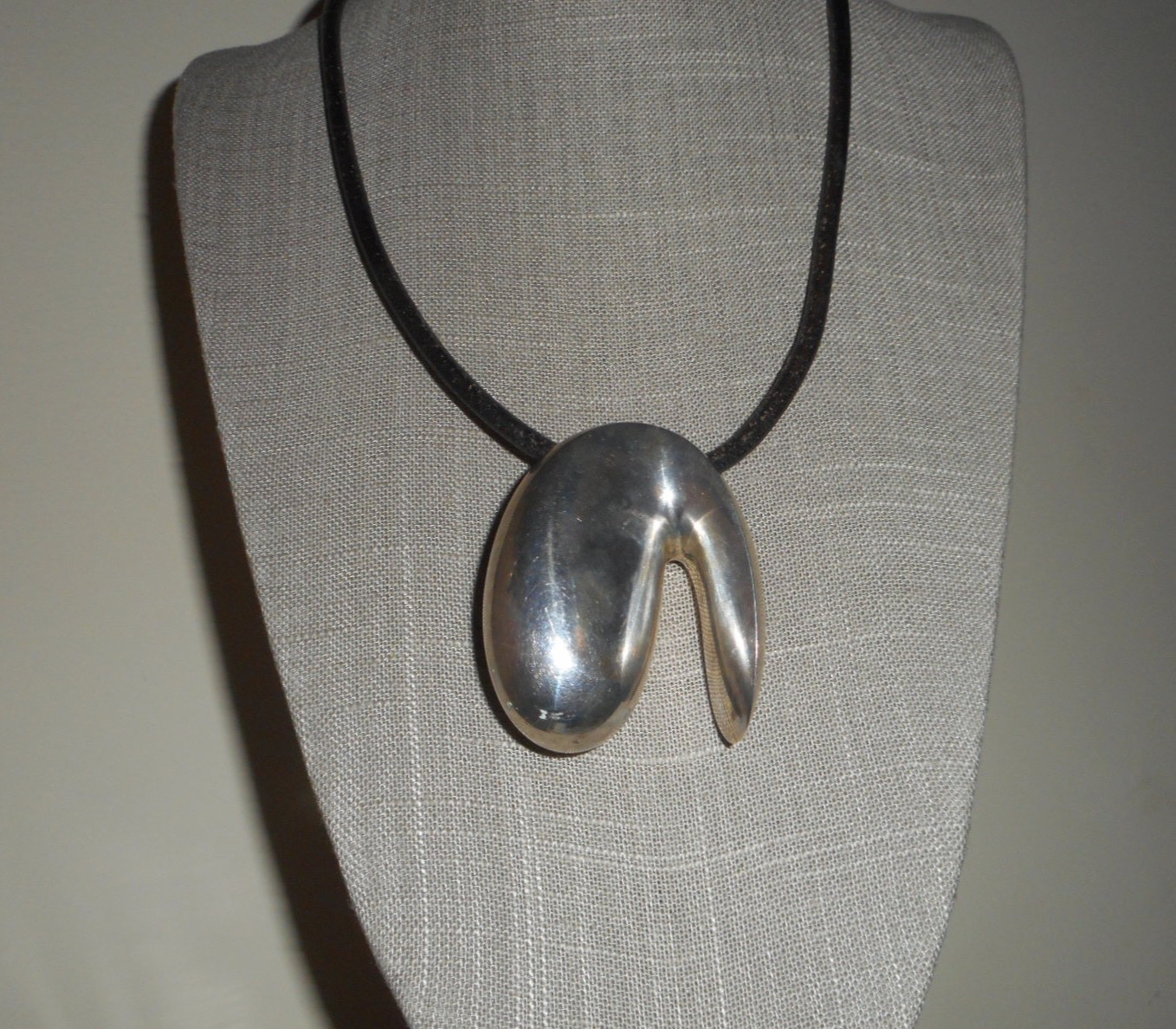 Large Modernist Sterling Organic Abstract Sculptural Pendant on Leather Cord 21″