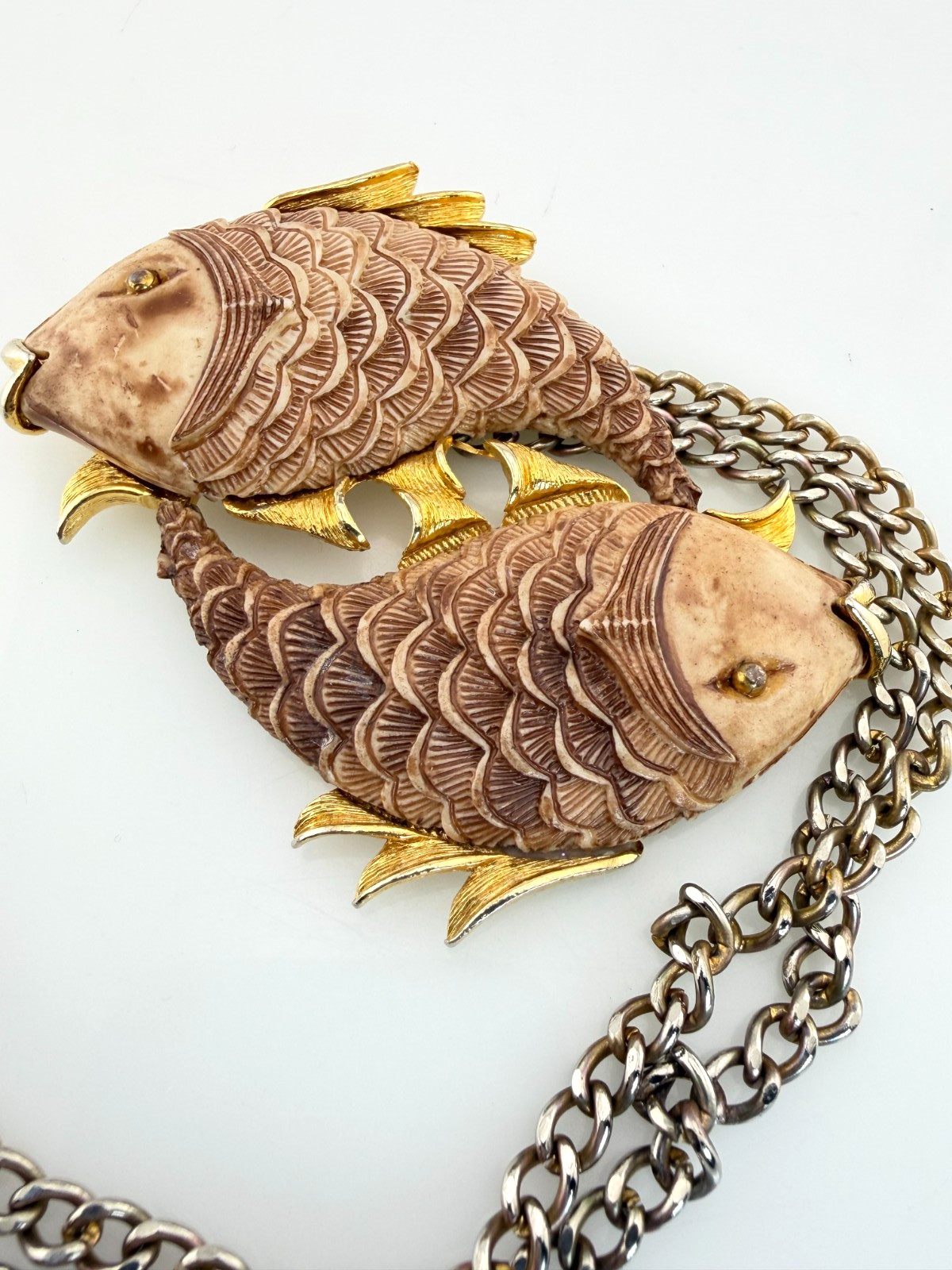 Vintage Razza Double Fish Necklace Carved Resin Faux Bone Gold Tone Large Pisces