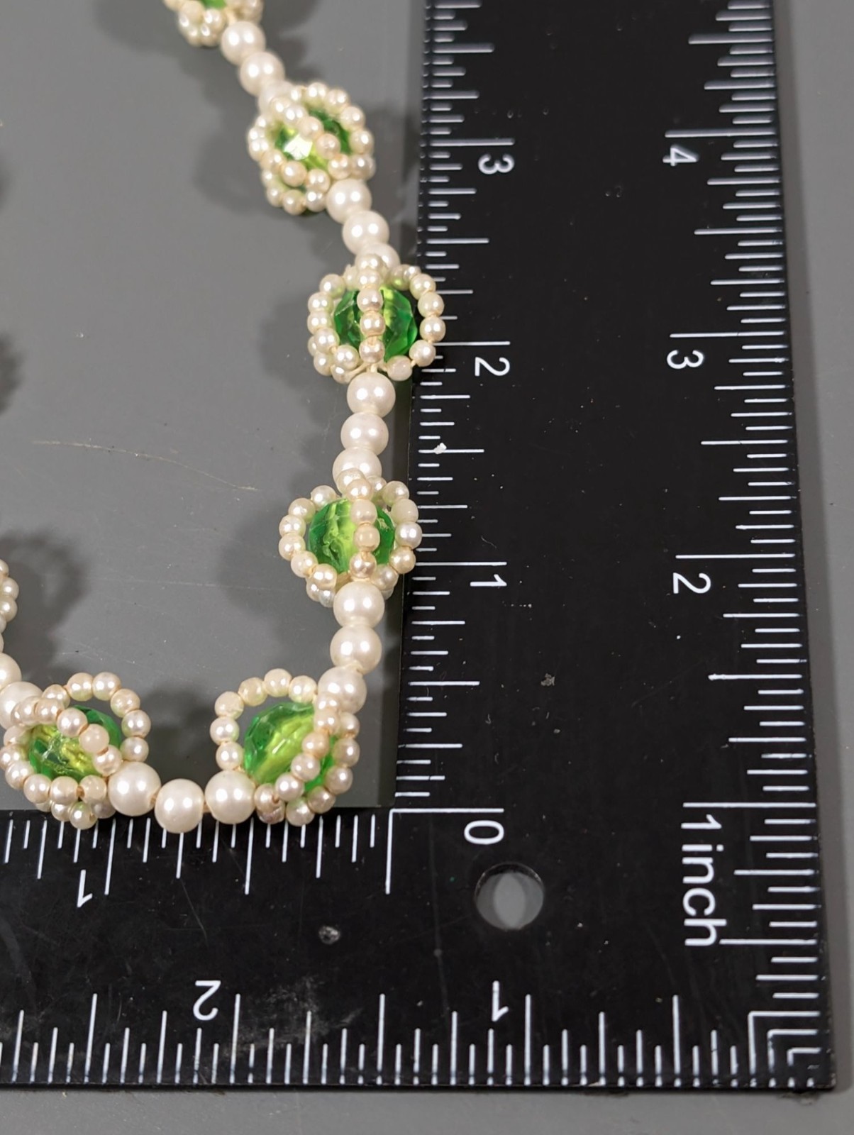 Vintage Faux Pearl Bright Green Woven Style Beaded Necklace 30″