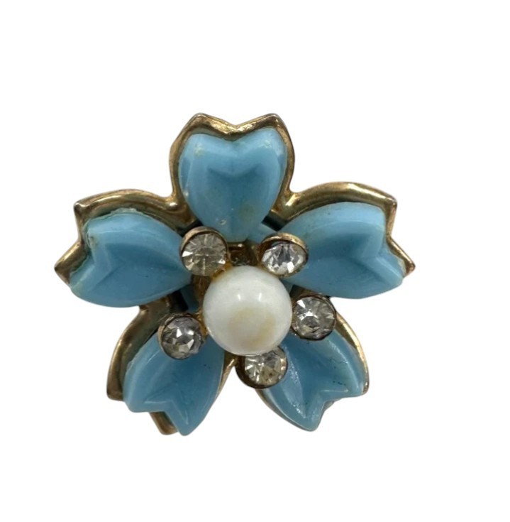 Vintage Blue Flower Screw Back Earrings Silver Tone Faux Pearl Rhinestone