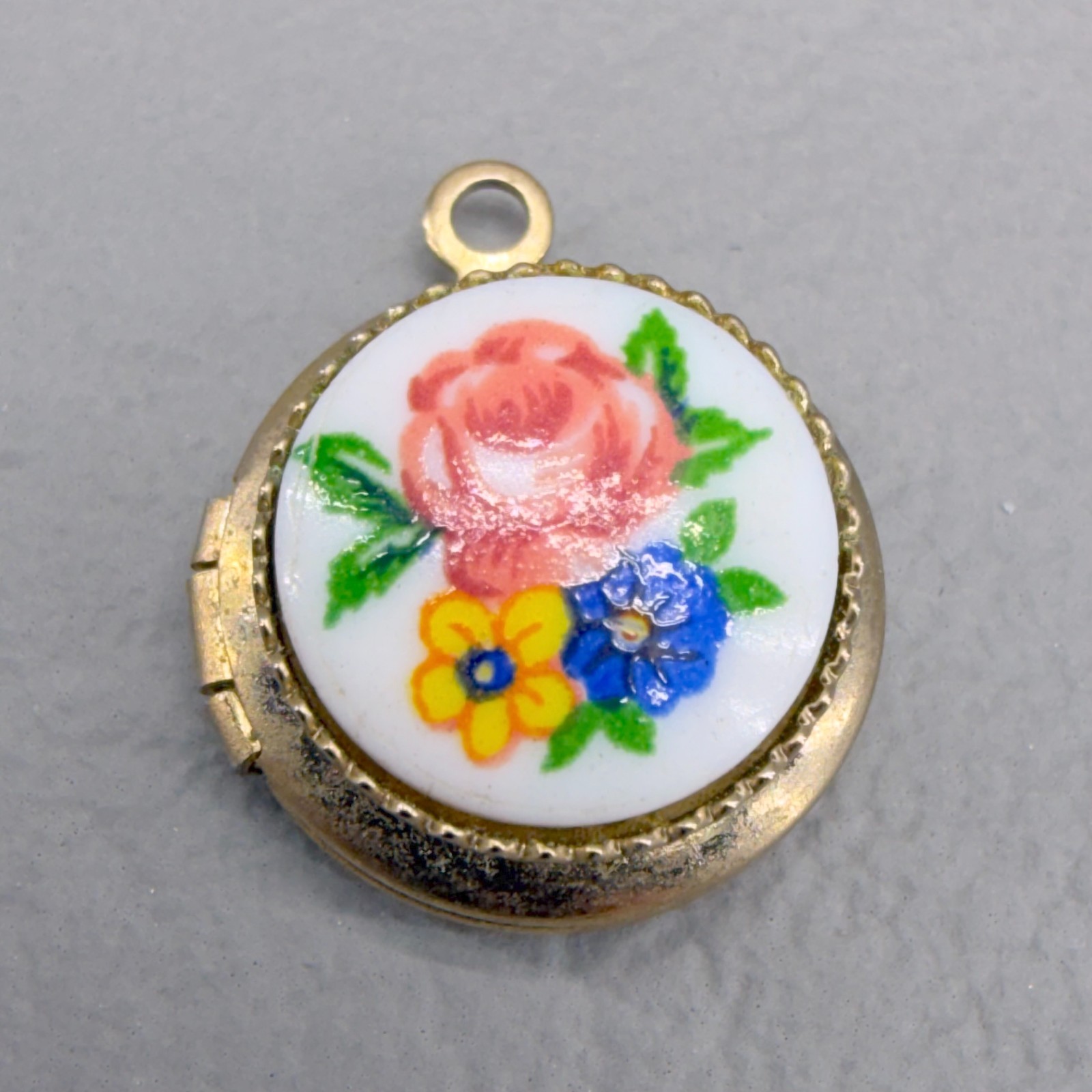 Vintage Gold Tone Locket Painted Flowers Tiny