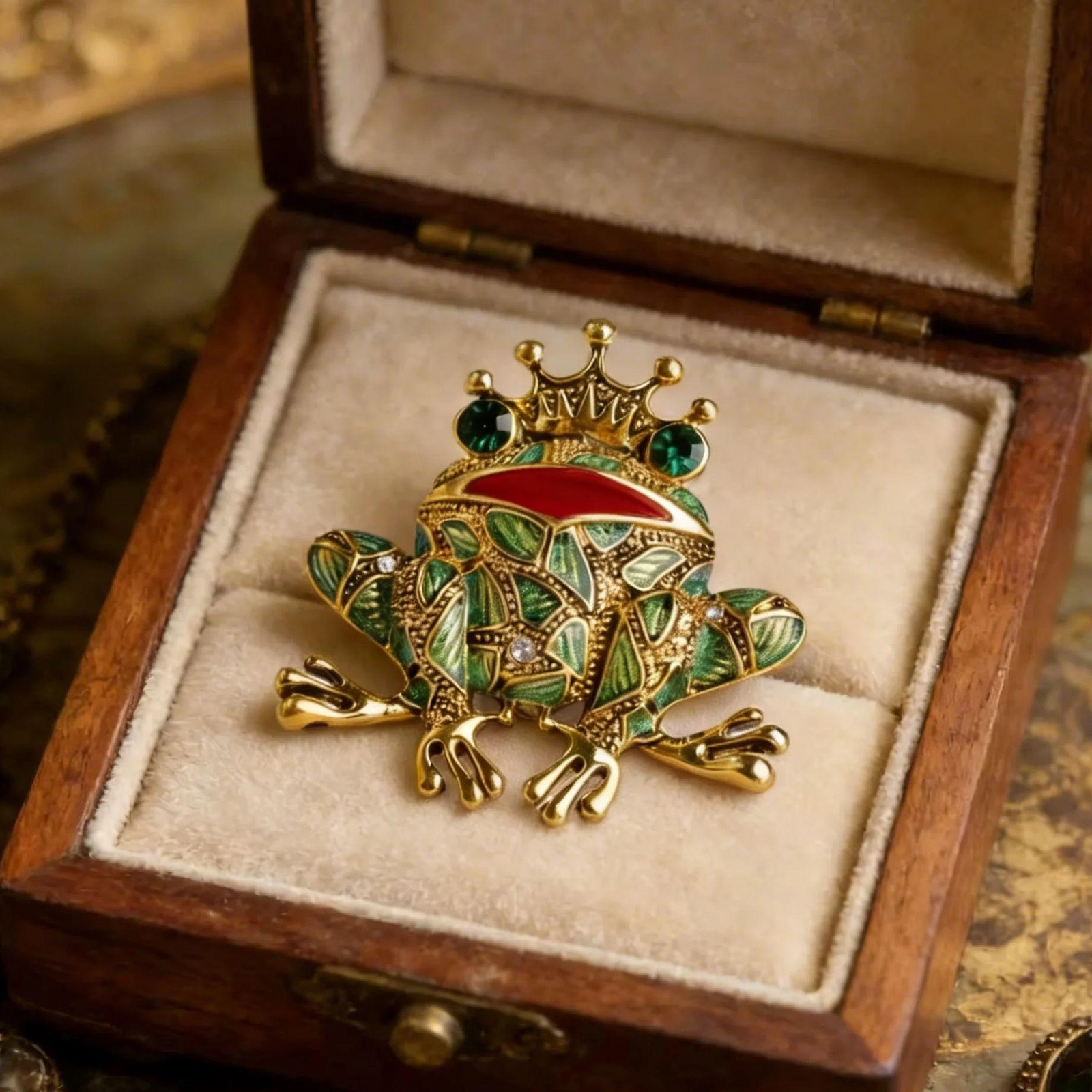Vintage Black Frog Brooch Green Eyes Toad Pin Unisex Coat Scarf Gift Accessory