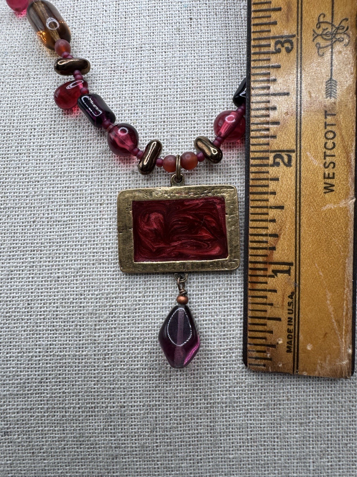Vintage NOS Shaune Bazner Gold Tone Enamel Carnelian Crystal Glass Necklace 18”