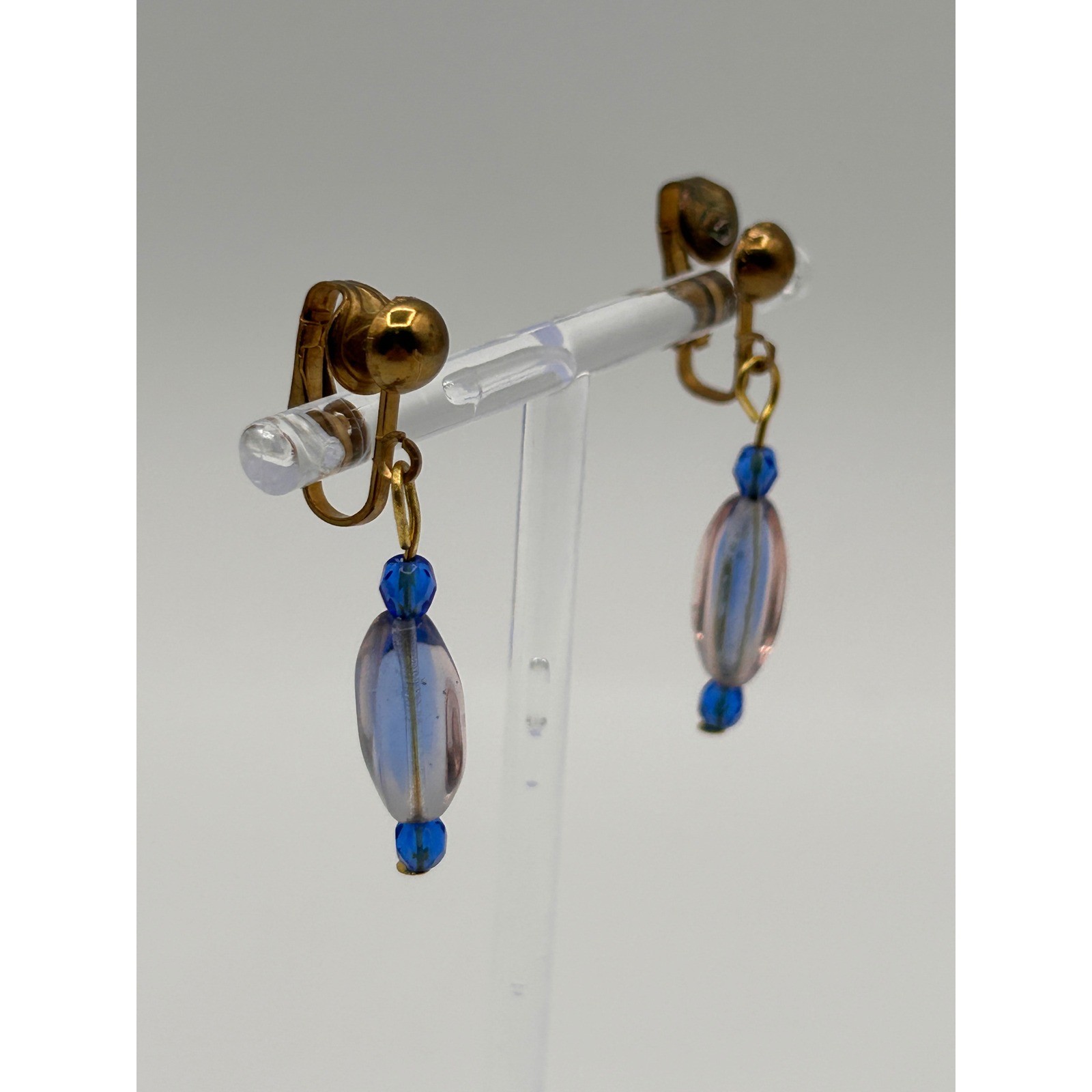 Vintage Gold Tone Blue Clear Beaded Dangle Drop Clip On Earrings