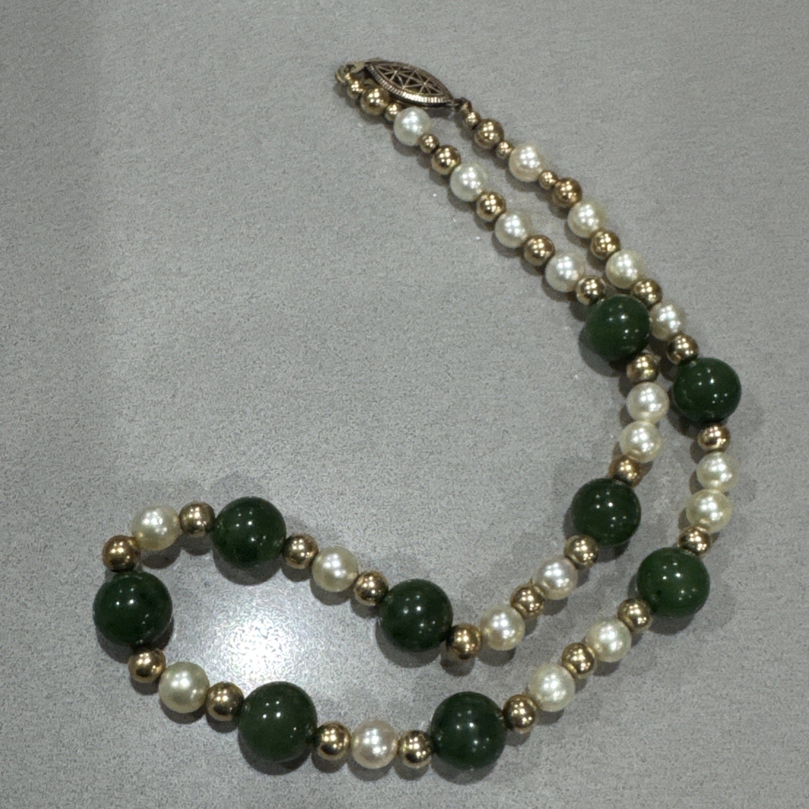 Vintage Green Jade Pearls GF Beads Sterling Filigree Gold Wash Clasp Necklace