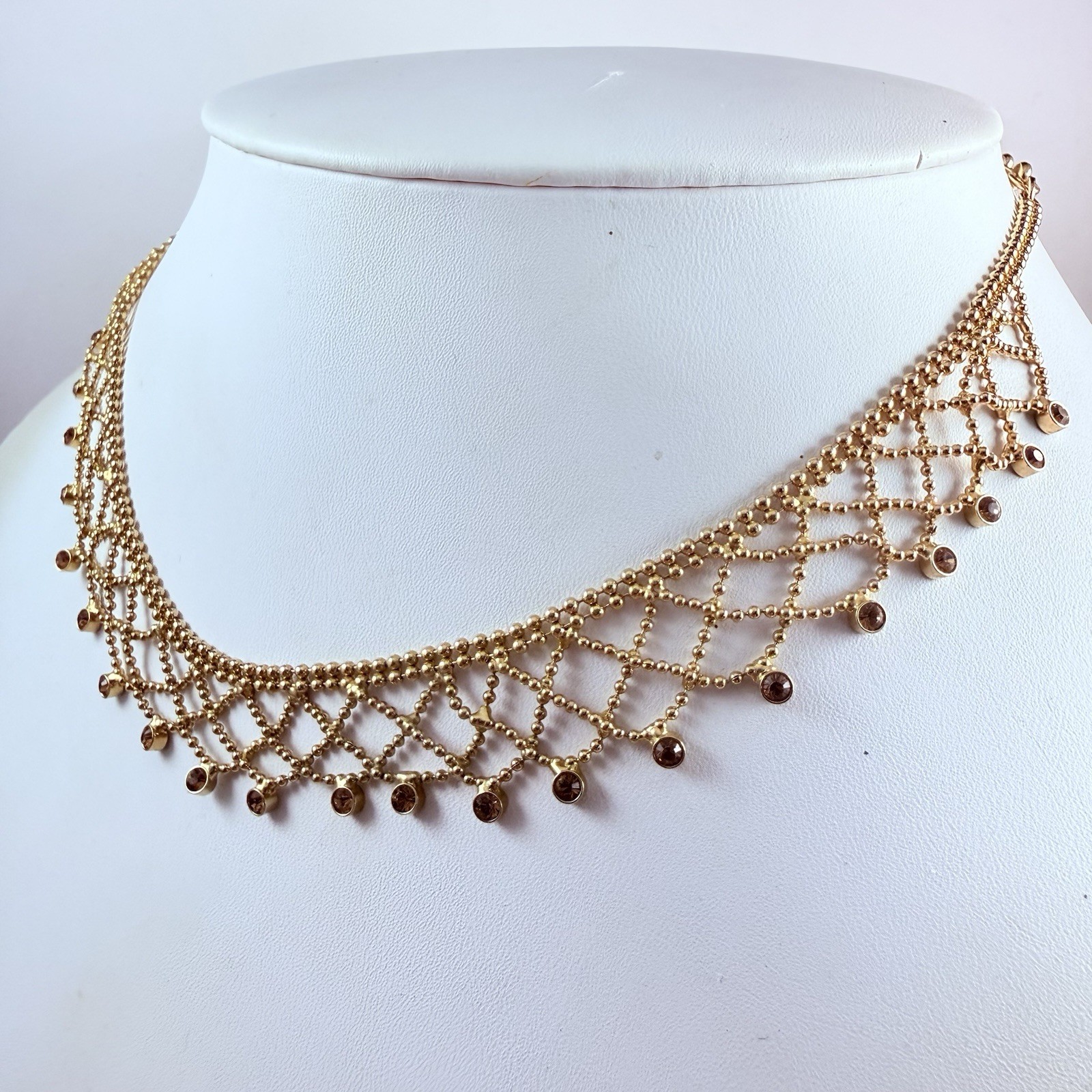 GIVENCHY Signed Gold Tone Lace Crystal Necklace Logo Clasp 16.5″