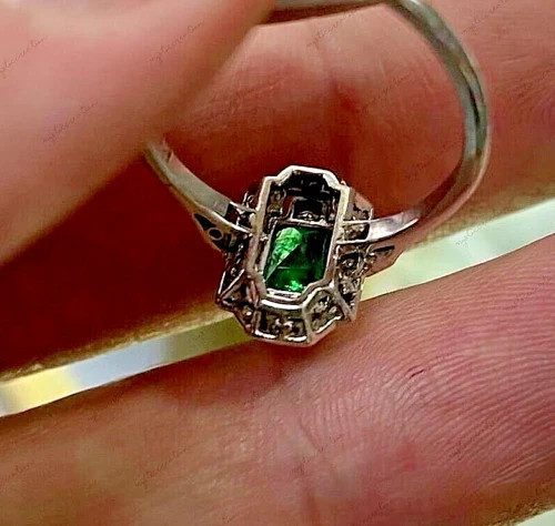 Art Deco Style Lab Created Diamond & Emerald Engagement 14k White Gold FN Ring