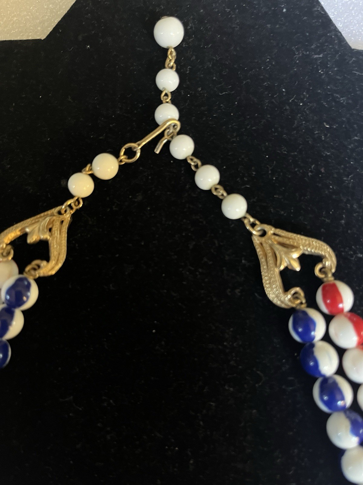 RARE Vntg Signed FLORENZA Red White & Blue Patriotic Enamel DBL Strand Necklace
