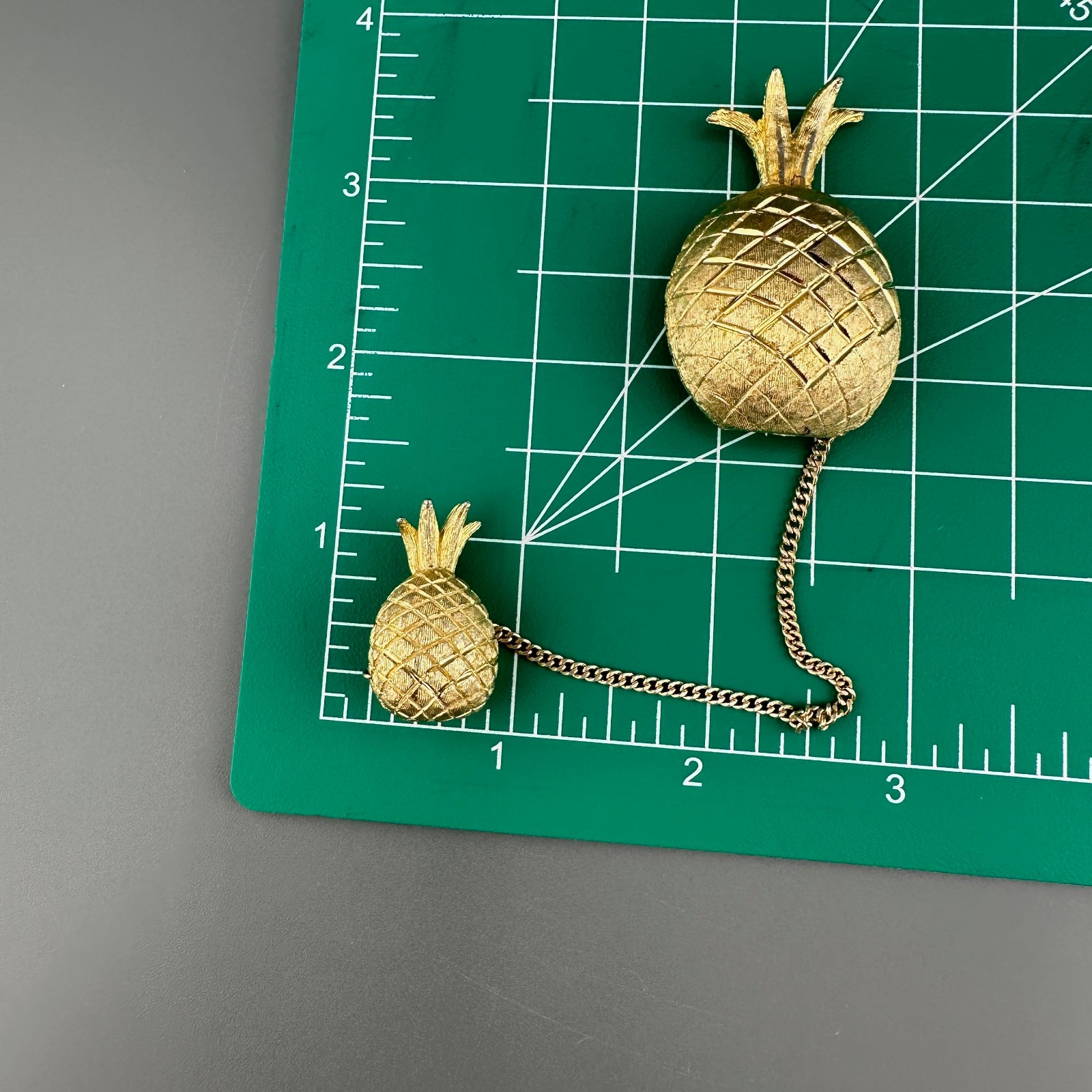 Vintage BSK Pineapple Brooch Double Pin Gold Tone Figural Connected 5″ Chain