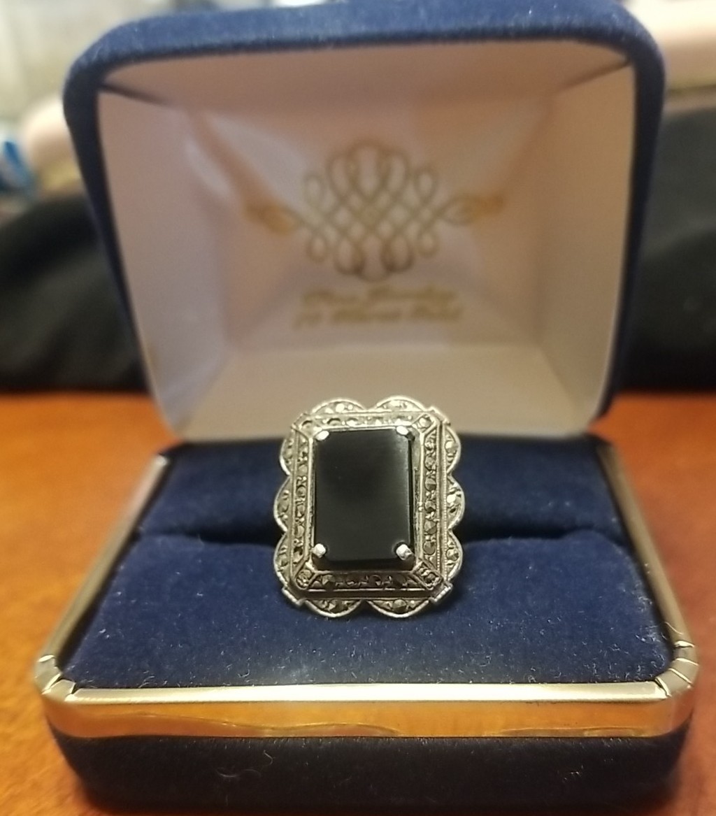 Antique Victorian Mourning Ring, Size 3, Black Onyx Marcasite And Silver