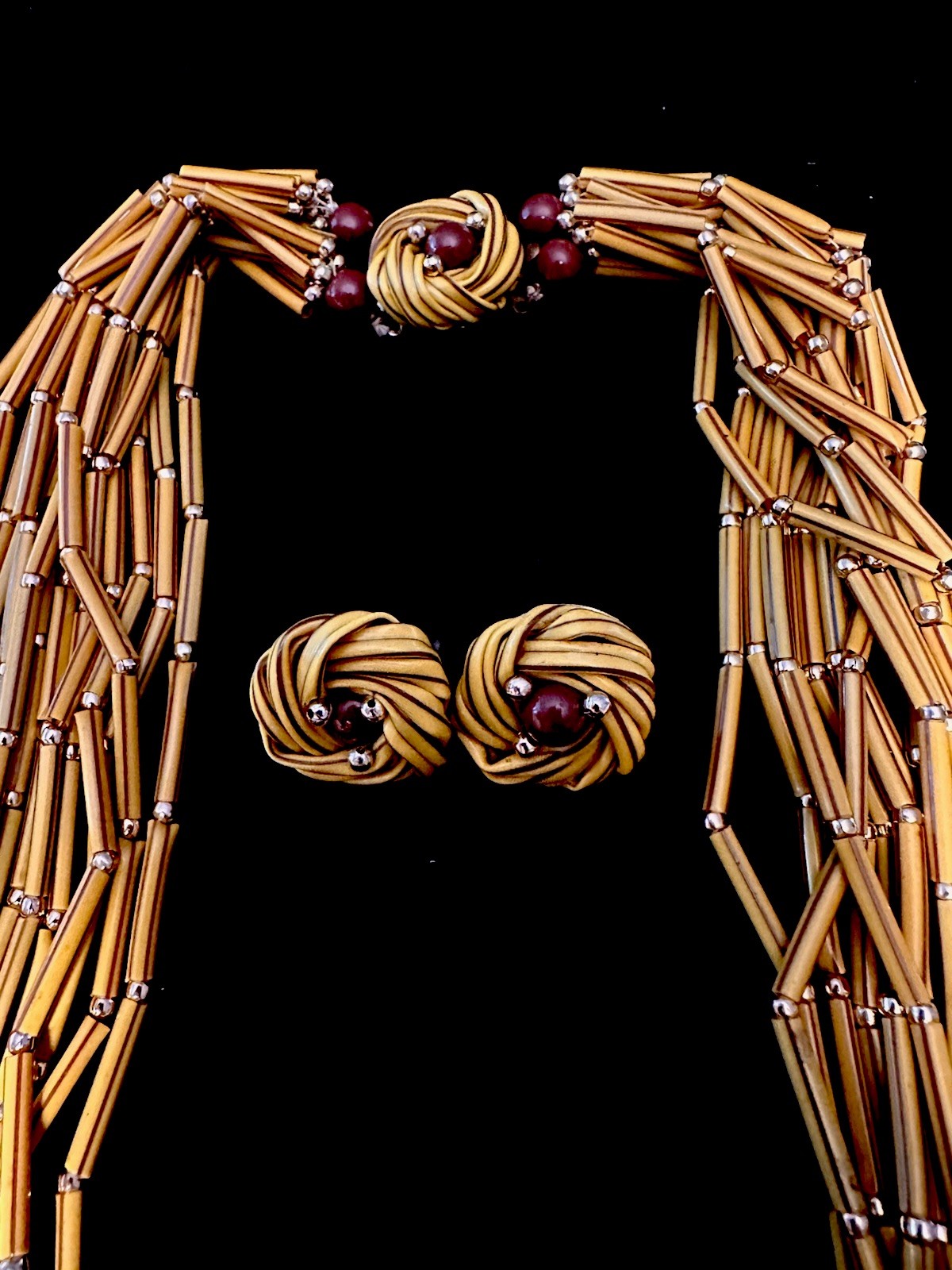 1960s Multiple Strand Yellow Brown Plastic Necklace Matching Clip On Earrings