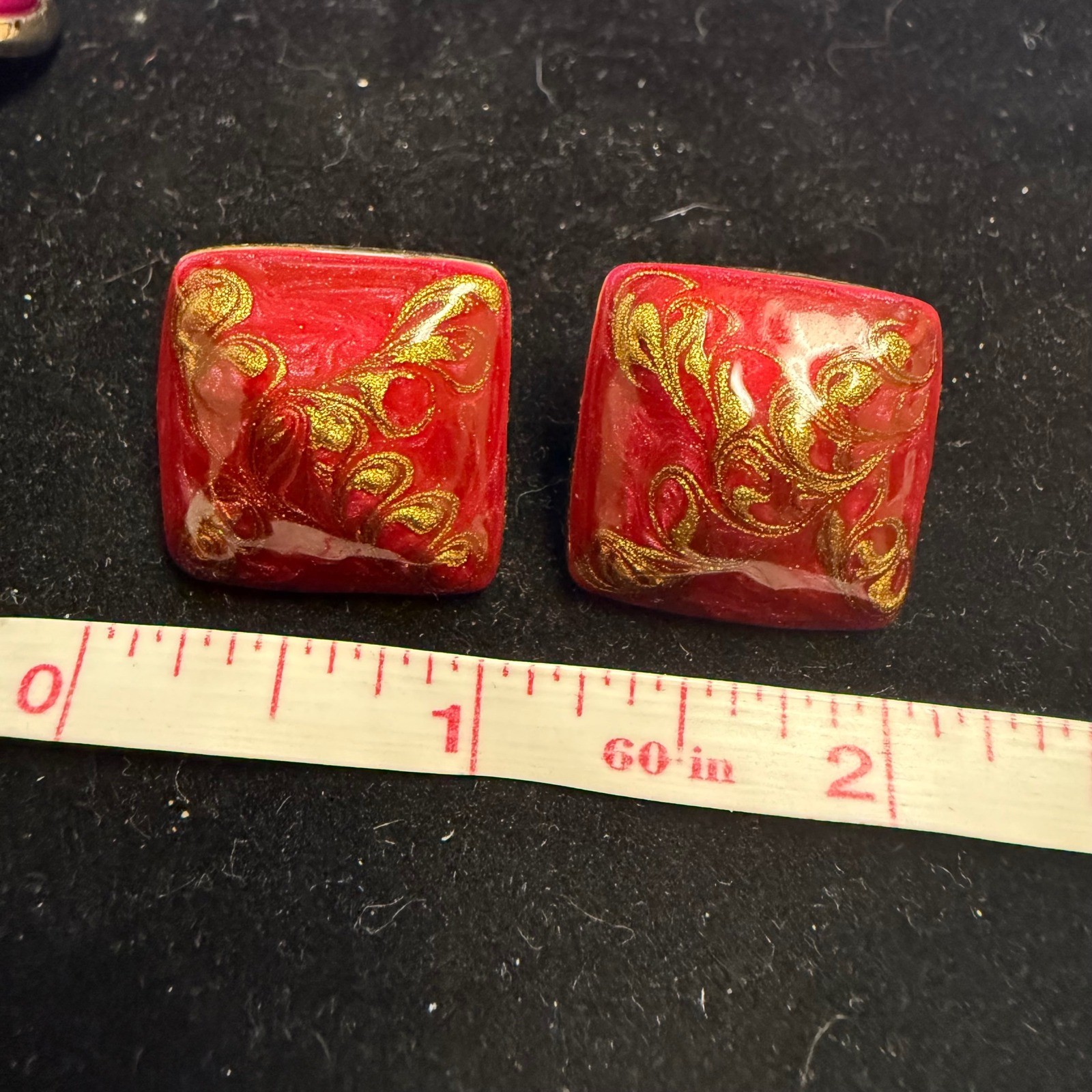Vintage Red Gold Filigree Marbled Resin Square Stud Statement Earrings 1 Inch