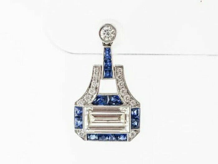 Art Deco Style Lab Created Diamond & Sapphire Wedding 14K White Gold FN Earrings