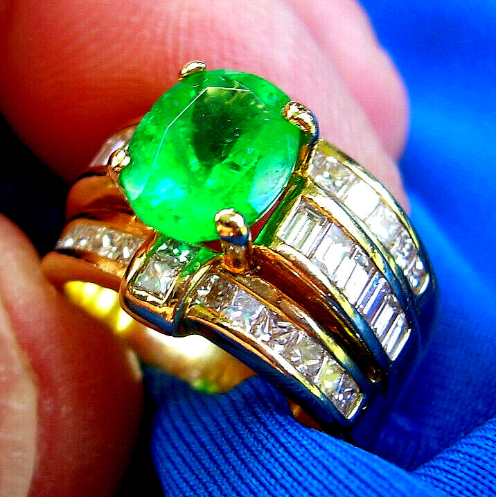 Original EARTH MINED EMERALD DIAMOND Deco Engagement Ring 14K GOLD Solitaire 4ct