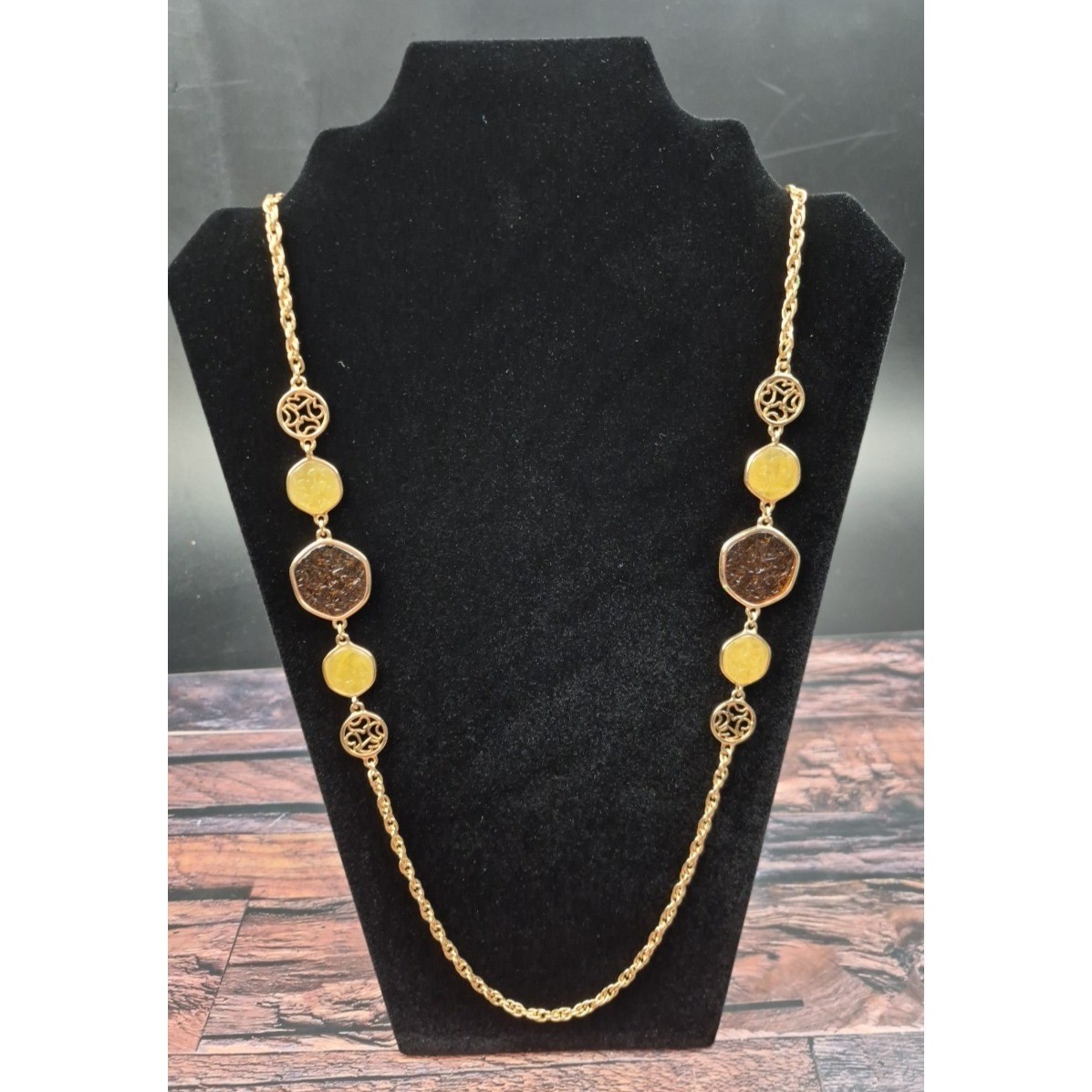 Vtg Sarah Coventry Rope Chain Necklace Gold Tone Yellow Amber Glass Cabochons
