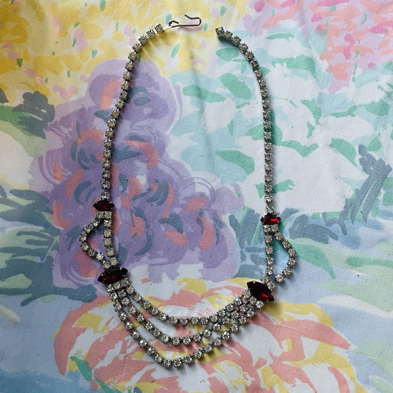 Vintage Rhinestone Necklace 15.5 Inch White and Red Prong Set Stones Hook Clasp