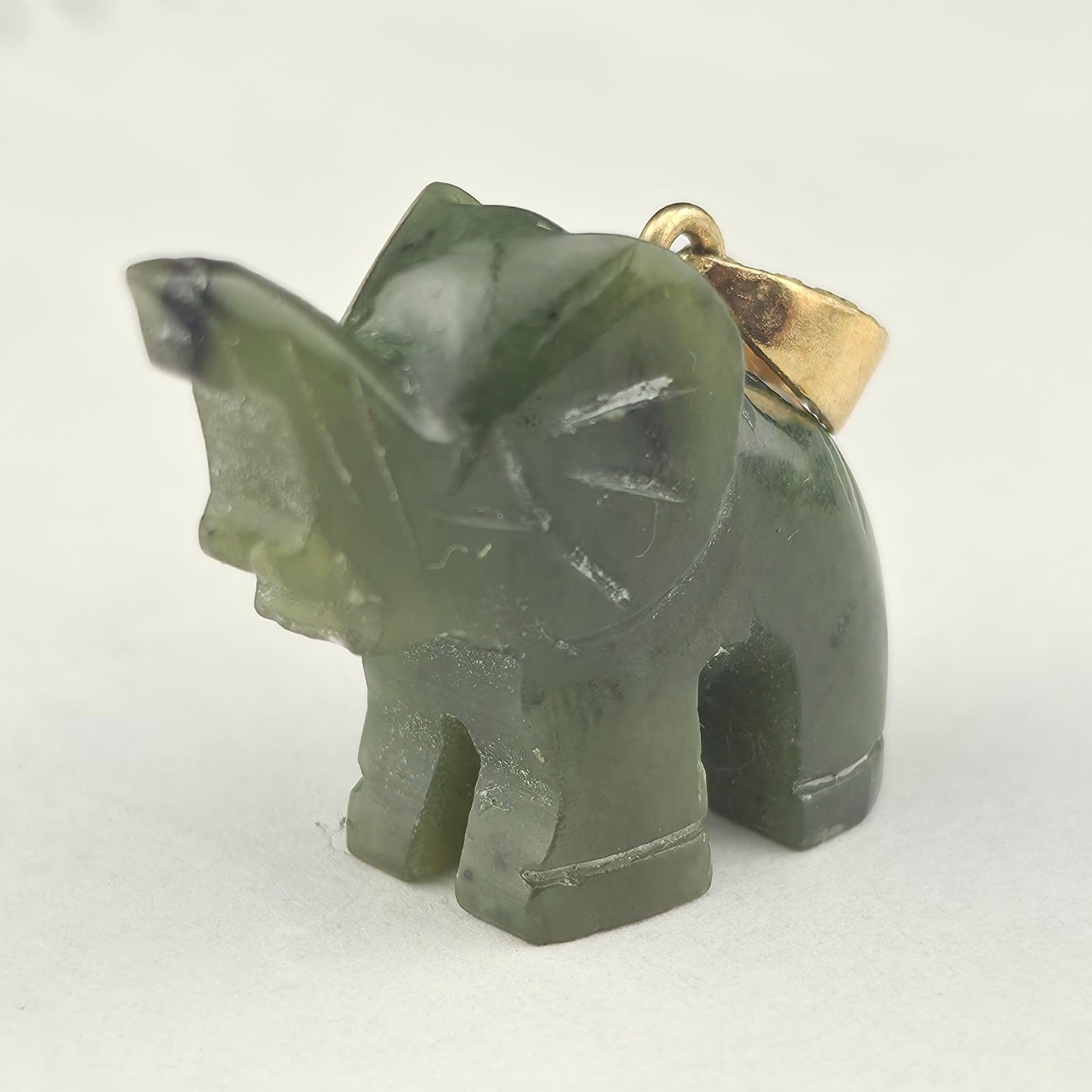 Vintage 28mm Dark Green Nephrite Jade Lucky Elephant Trunk Up Pendant Gold Fill
