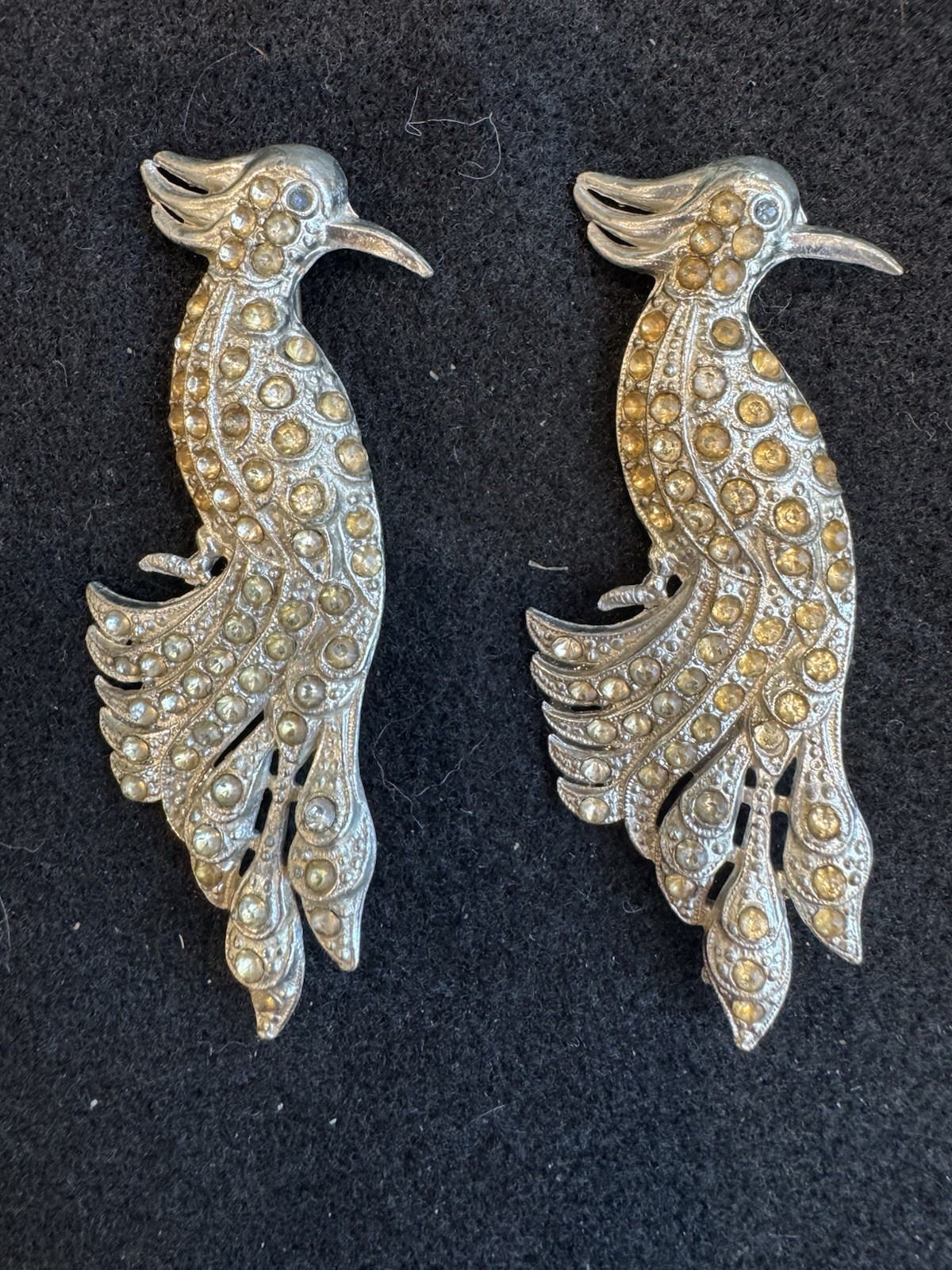 PAIR Antique Vtg Art Deco Rhinestone Peacock Bird Of Paradise Brooches 3”