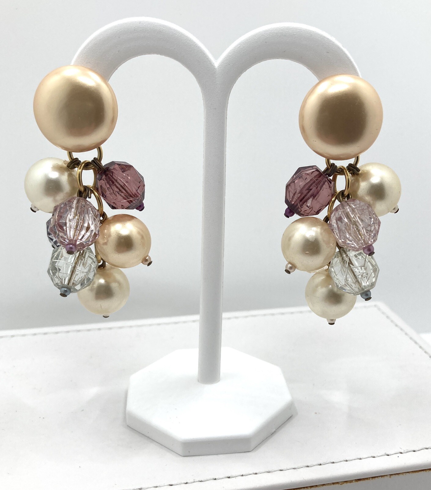 Vintage CHAMPAGNE FAUX PEARL LAVENDER Bead Cluster 3″ Dangle Earrings SNAZZY