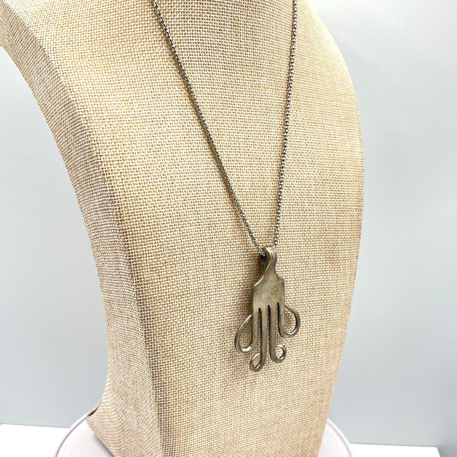 Vintage Silver Tone Fork Octopus Pendant Necklace Quirky Boho Statement Jewelry