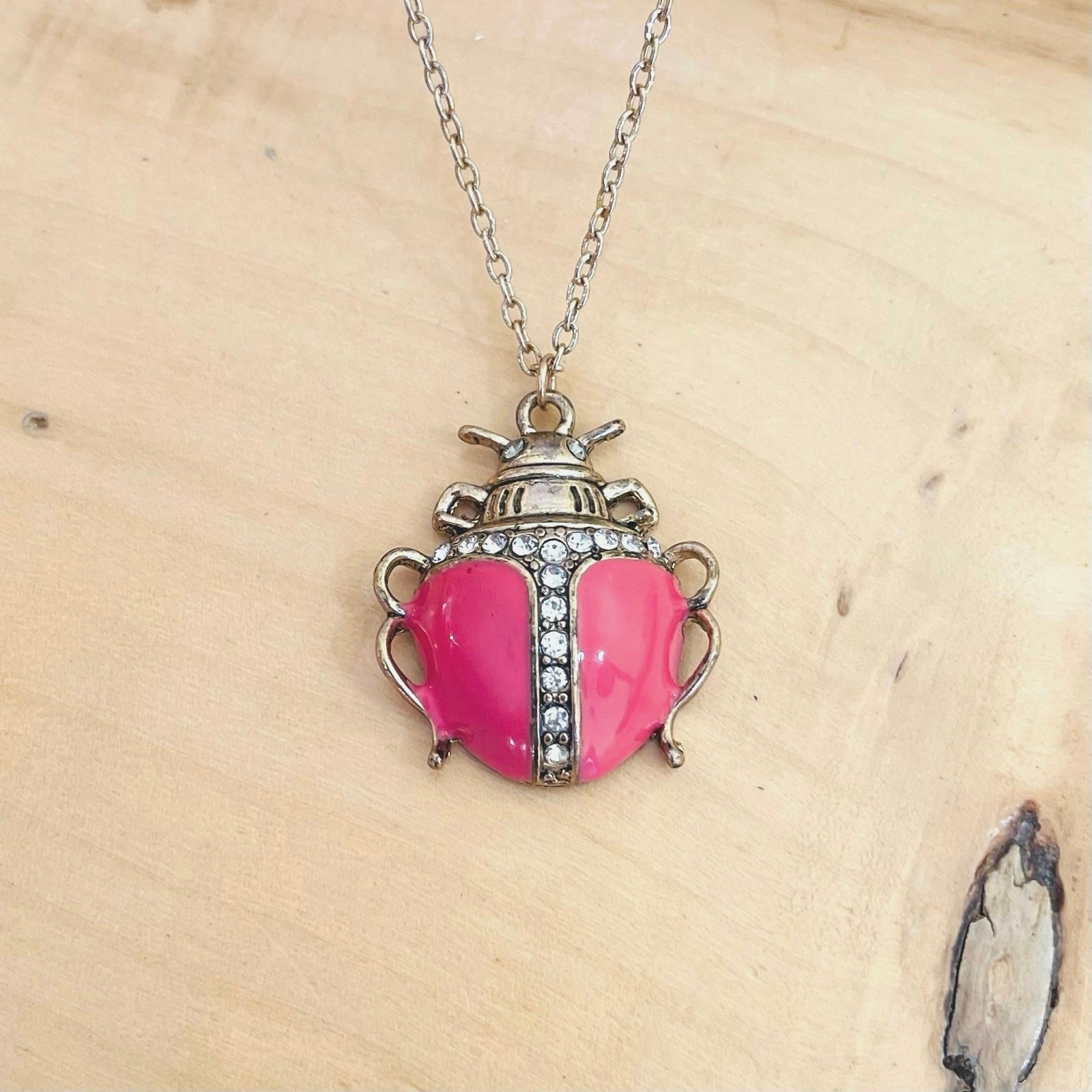 Scarab Beetle Pink-Coral Enamel Rhinestone Necklace Pendant Long Chain Charm