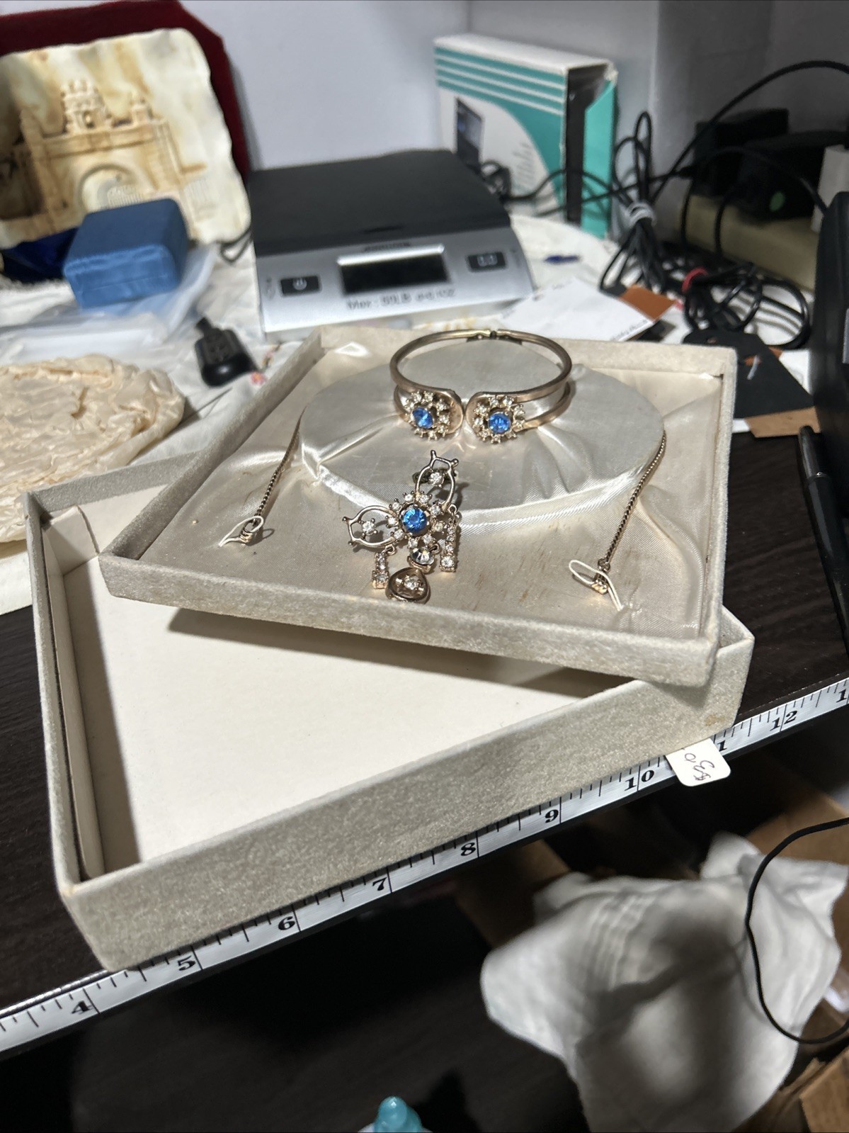 Antique Victorian 24K Gold Plate SET Lavalier Necklace/Pin Bracelet Clamper Box
