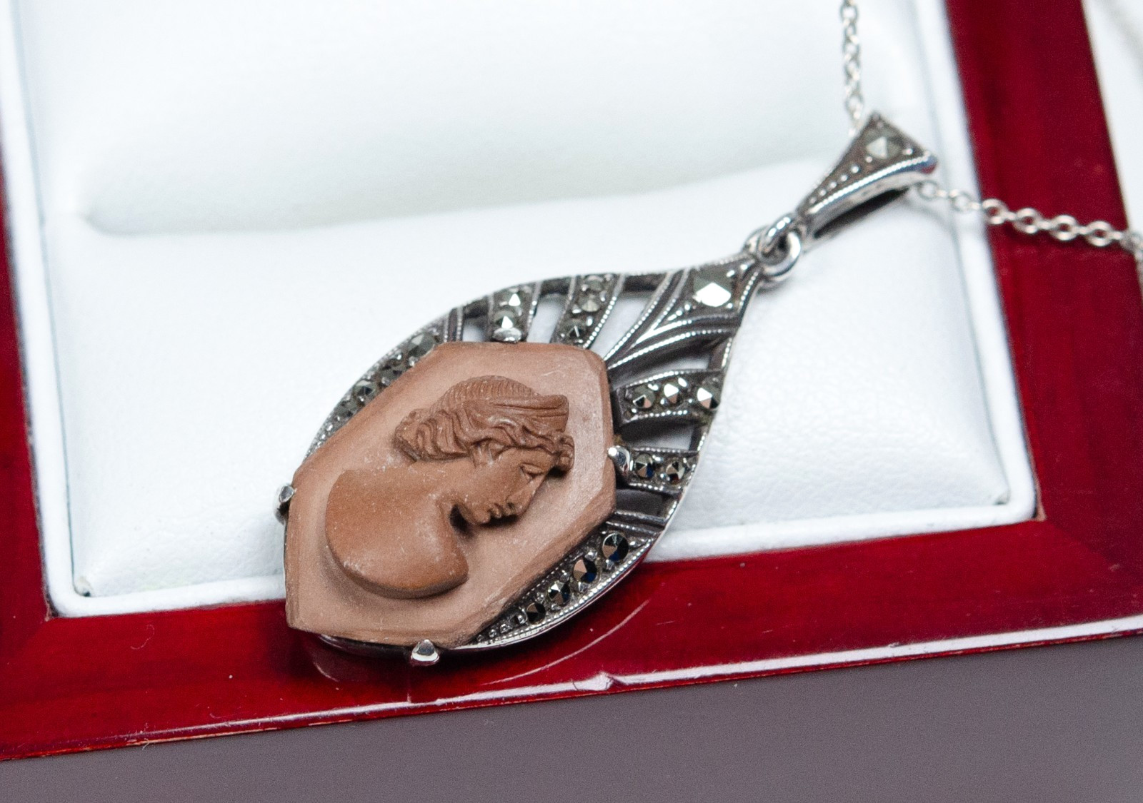 835 Silver – Antique Art Deco Pendant – Lava Stone Cameo – Marcasite