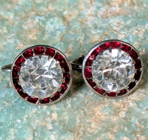 Women’s Vintage 50s Silver Tone Red & Clear Rhinestone Clip On Earrings