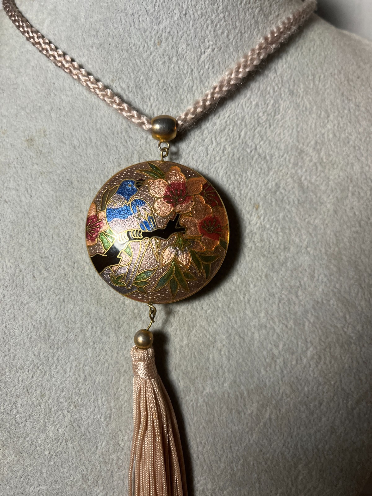 Vtg Cloisonne Pendant Tassel Necklace 26” Nylon Chain Brown Enamel Bird/Flowers