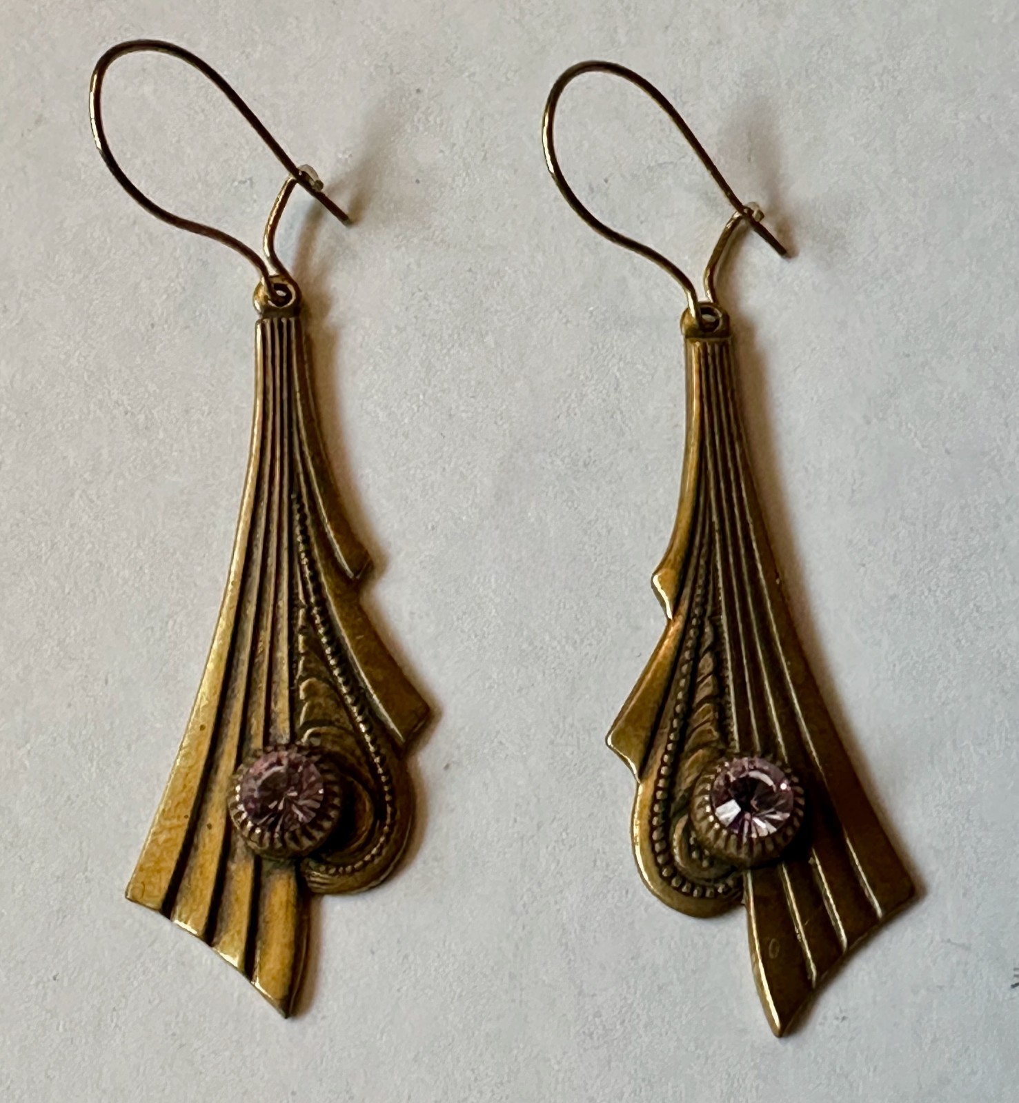 Vintage Art deco style brass with faceted crystal prism charm 1 5/8″ Earrings