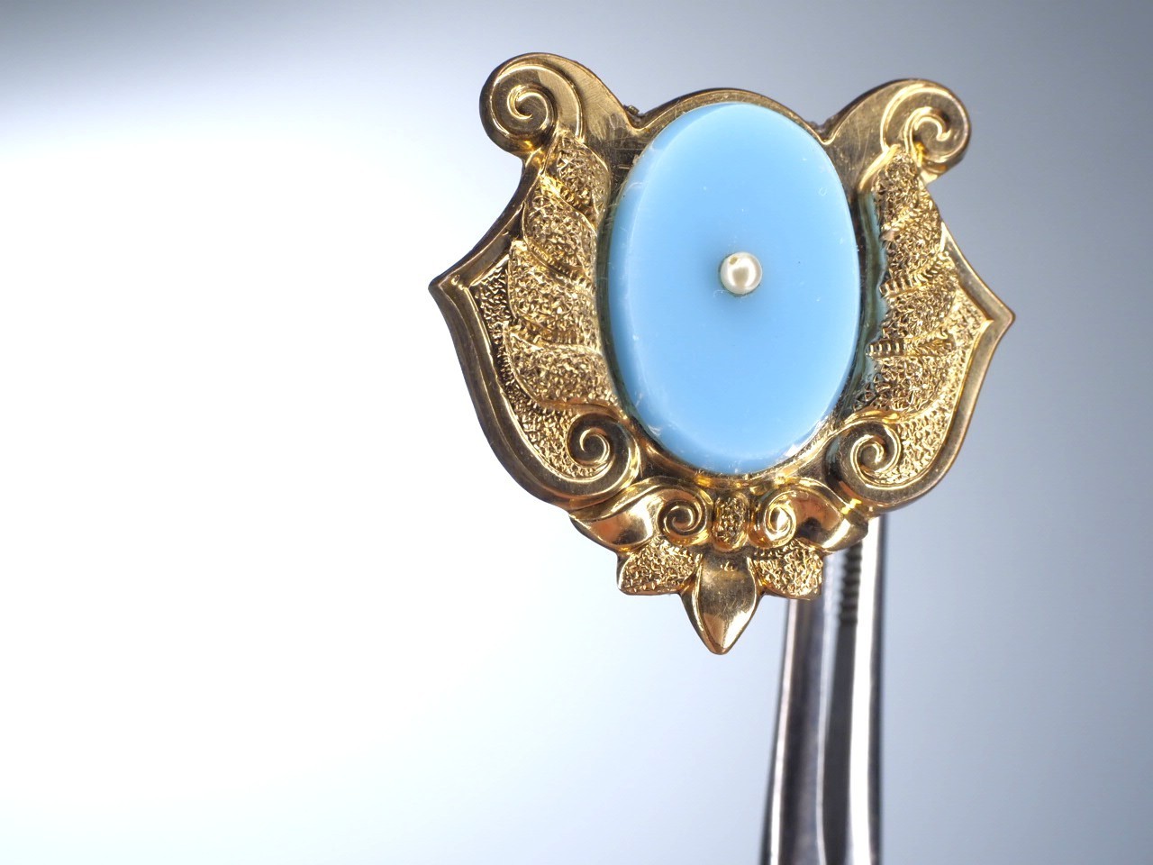 Antique gold brooch blue opaline glass hollow pin tube hinge C-clasp jewelry