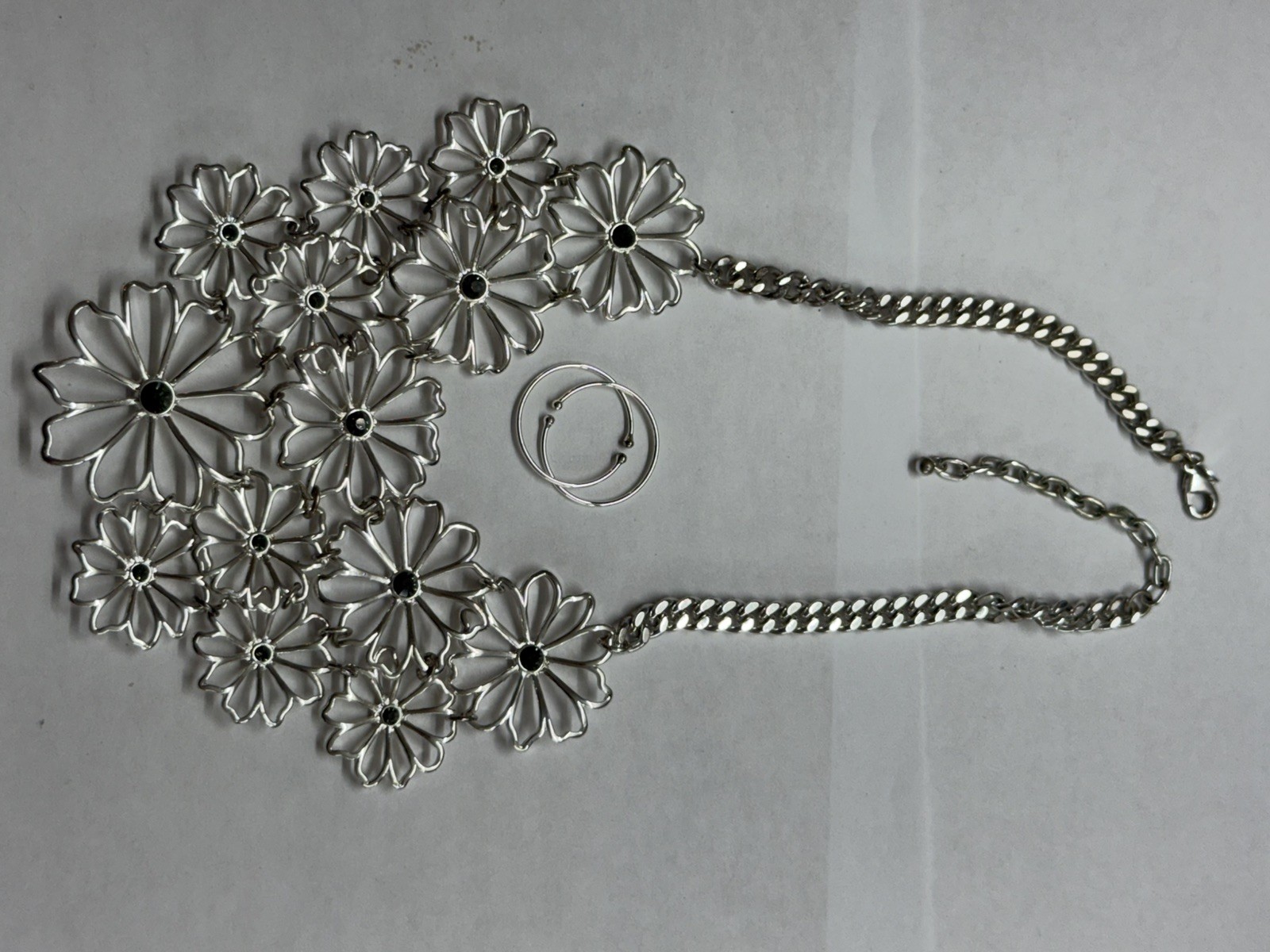 JOAN RIVERS Silver Tone Daisy Bib Necklace w/Translucent Black Rhinestones