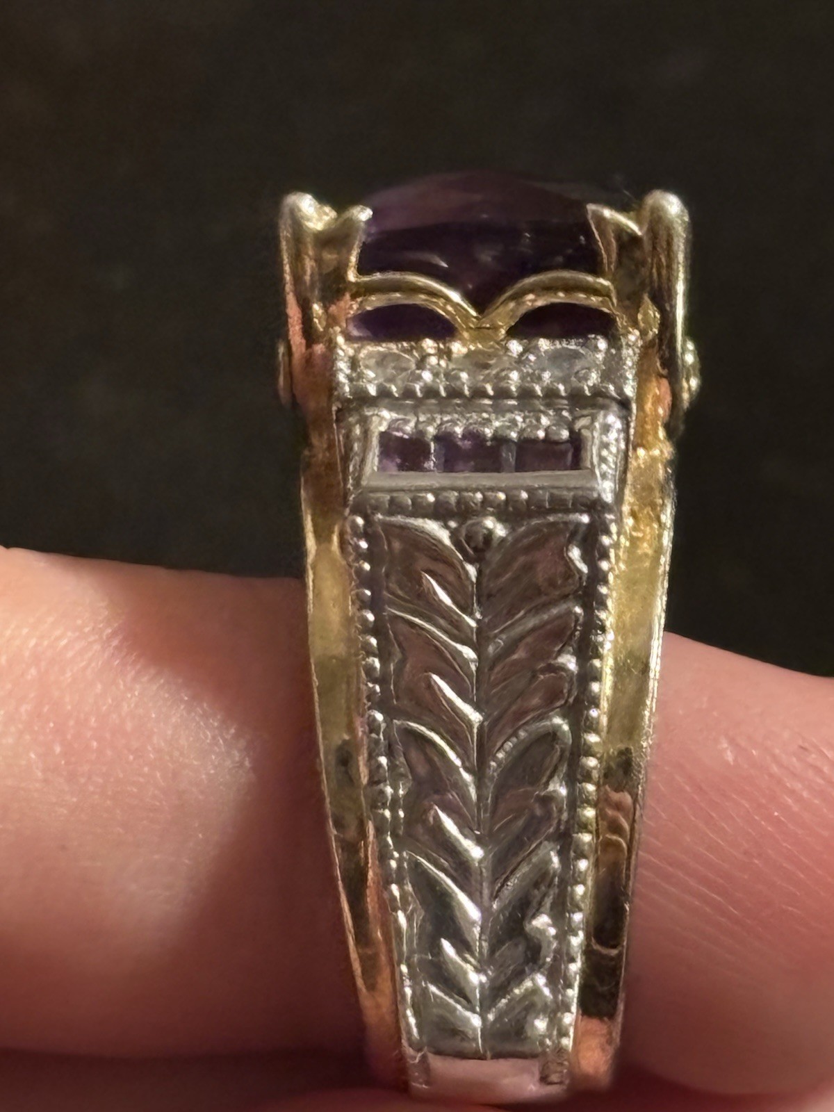 Vintage Chunky Square Two-tone 925 Sterling Silver Amethyst Cocktail Ring sz 6.5