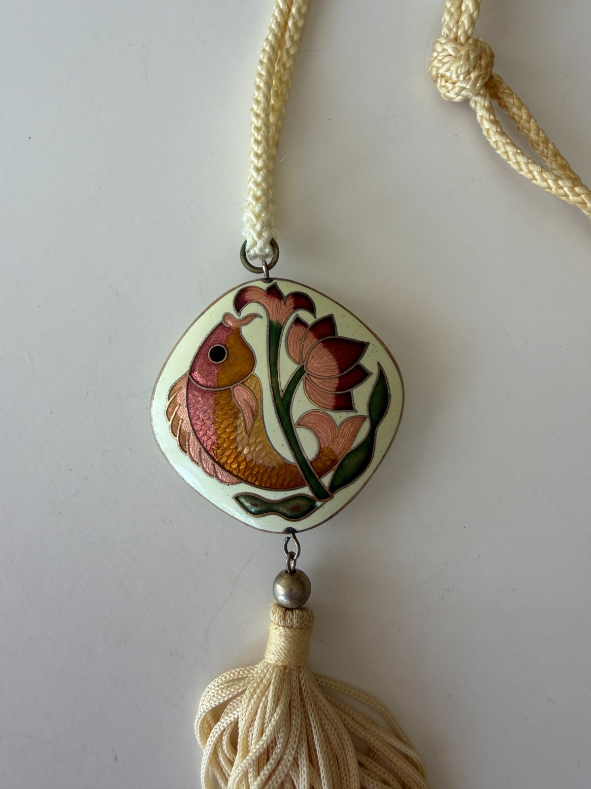 Vintage Asian Cloisonné Fish & Floral Tassel Pendent On Cream cord Necklace 30”