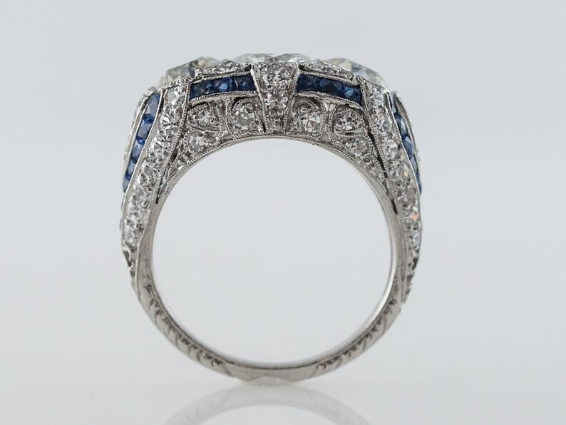 3 CTW White Round Cut CZ Three Stone Art Deco & Sapphire Ring In Sterling Silver