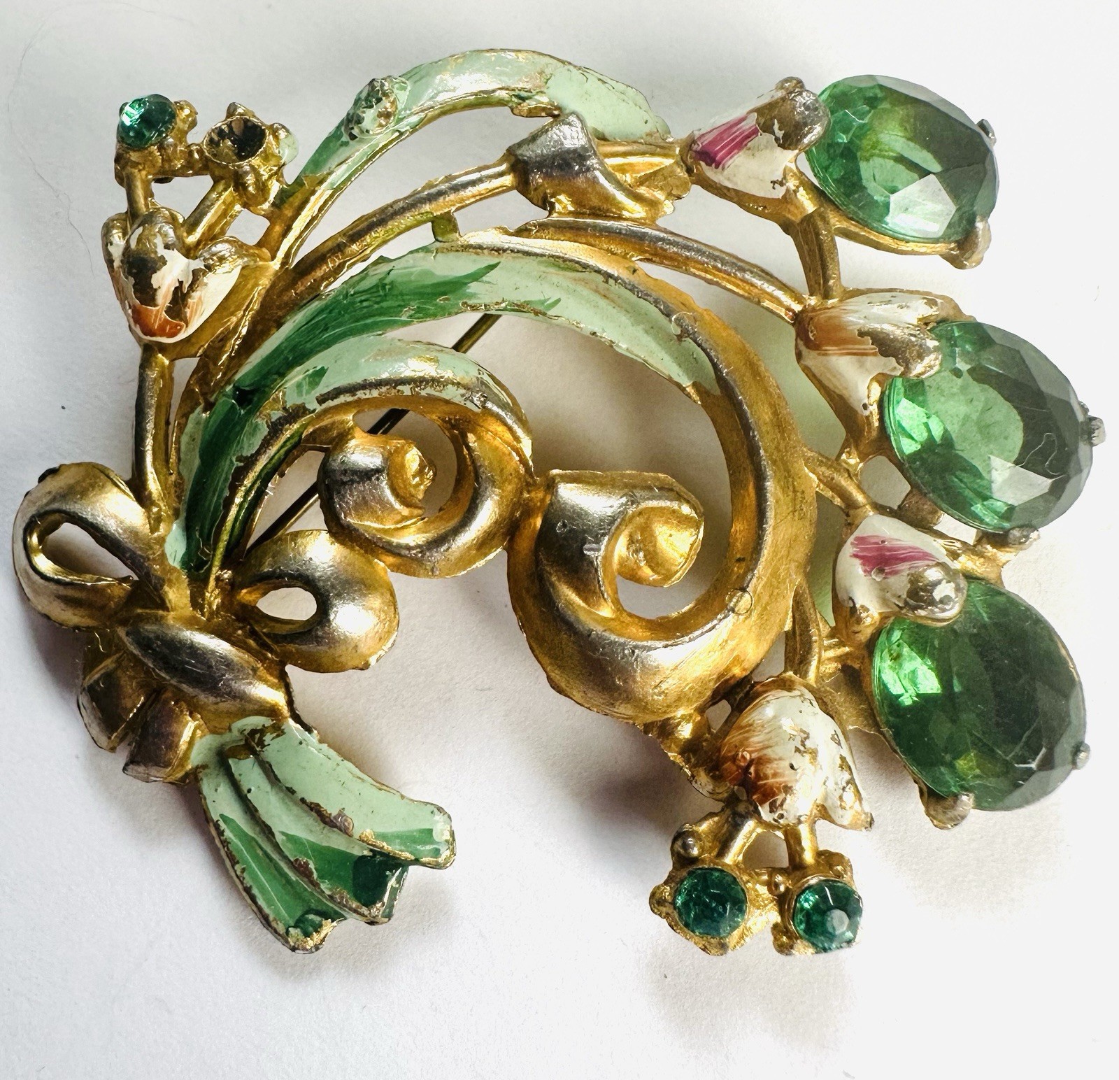 VTG Fred Gray Coro Rhinestone Hand Painted Brooch Pin -enamel wear + Unsigned