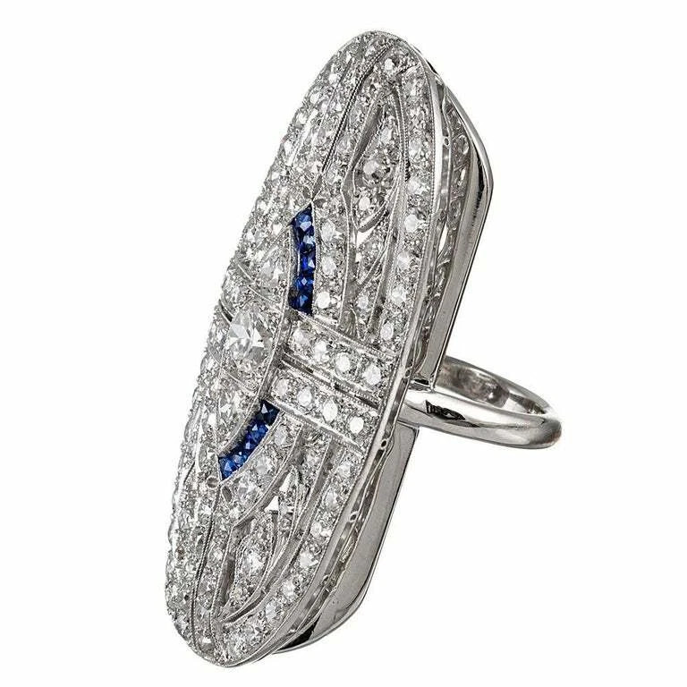 Sparkling Art Deco Round Cut Moissanite and Blue Sapphire Ring 925 Sliver Ring