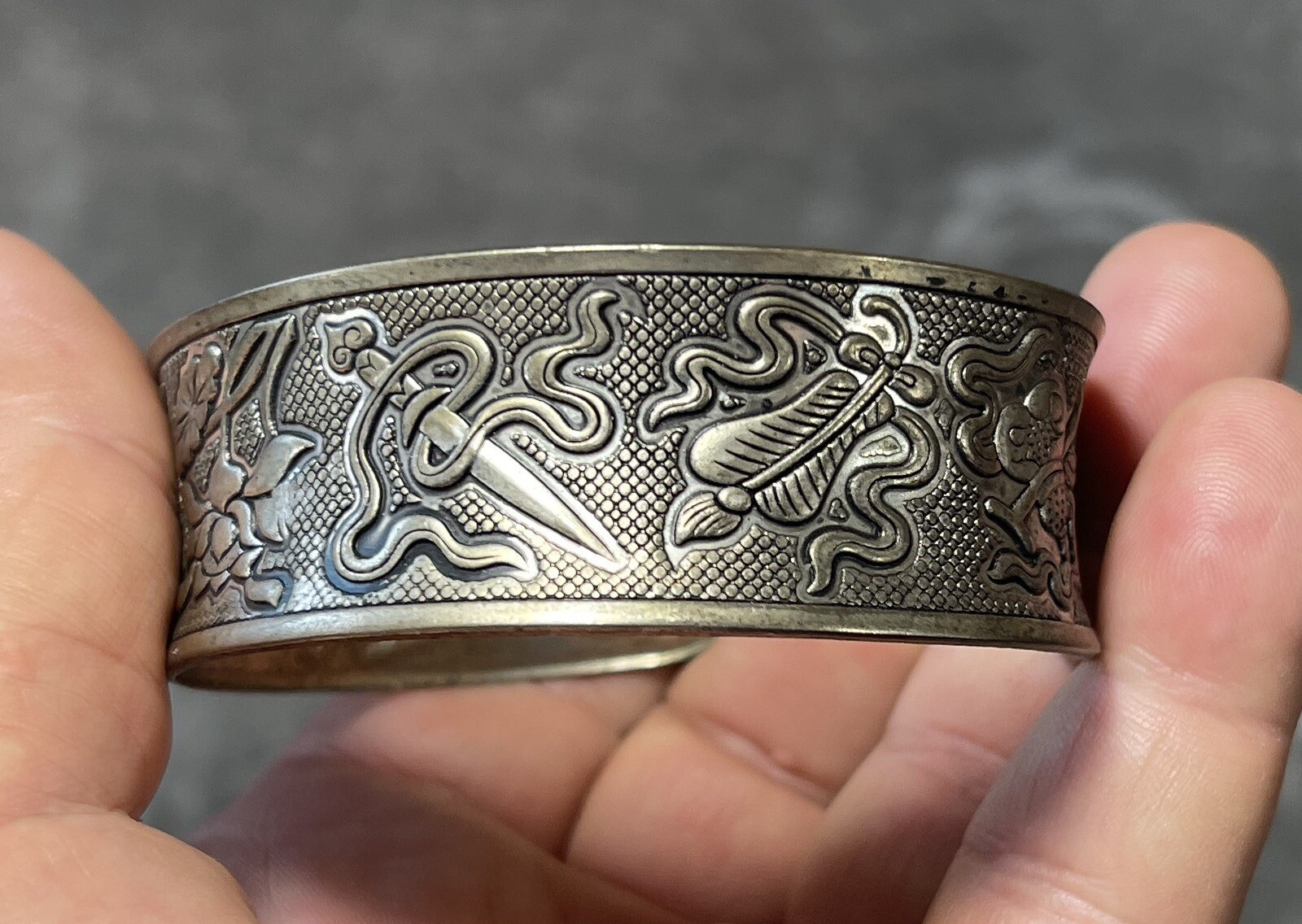 Silver Tone Metal Bracelet w Flowers, Daggers & Other Designs Signed !!