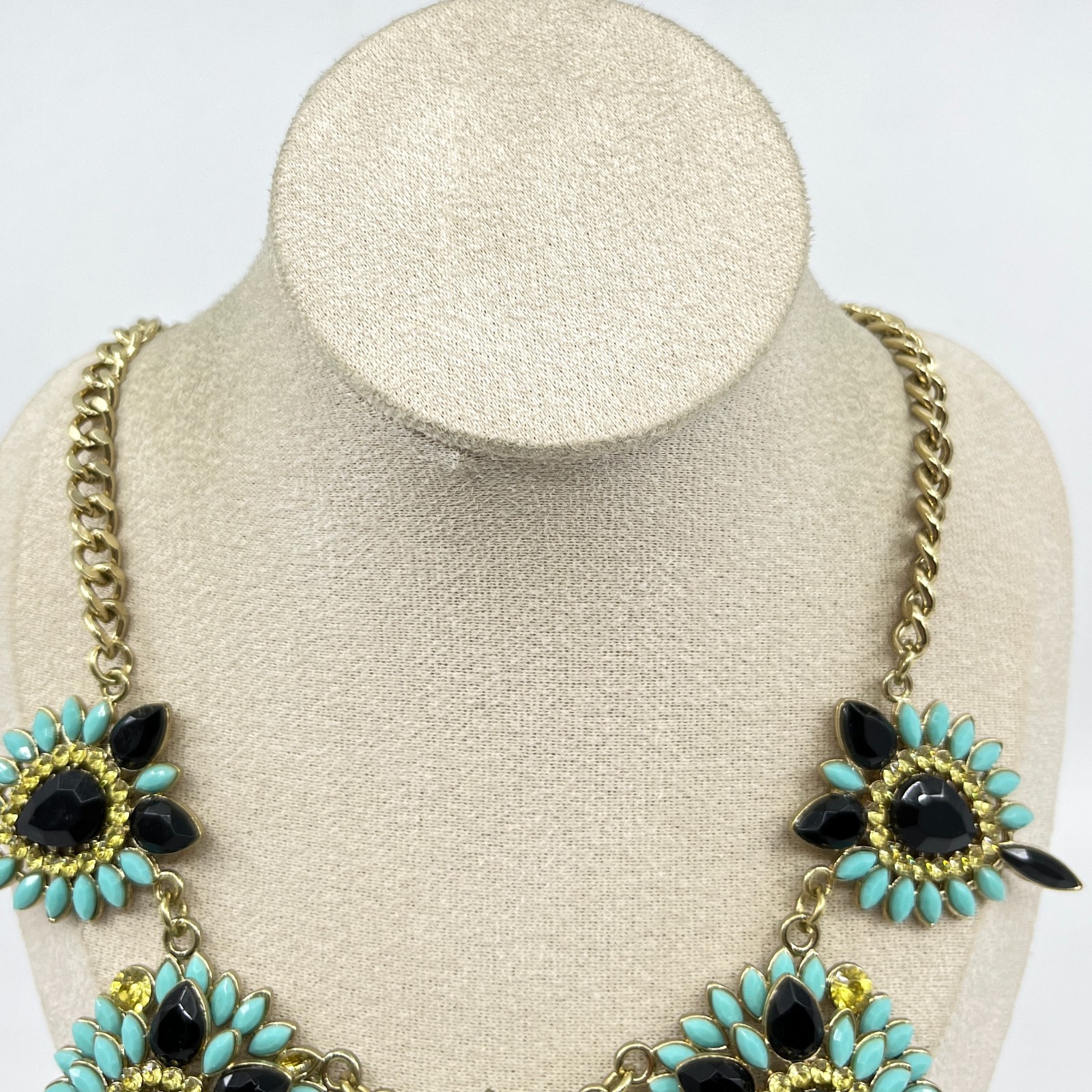 VTG Y2K Statement Necklace Gold Tone Turquoise Color Black Yellow Resin Cabochon